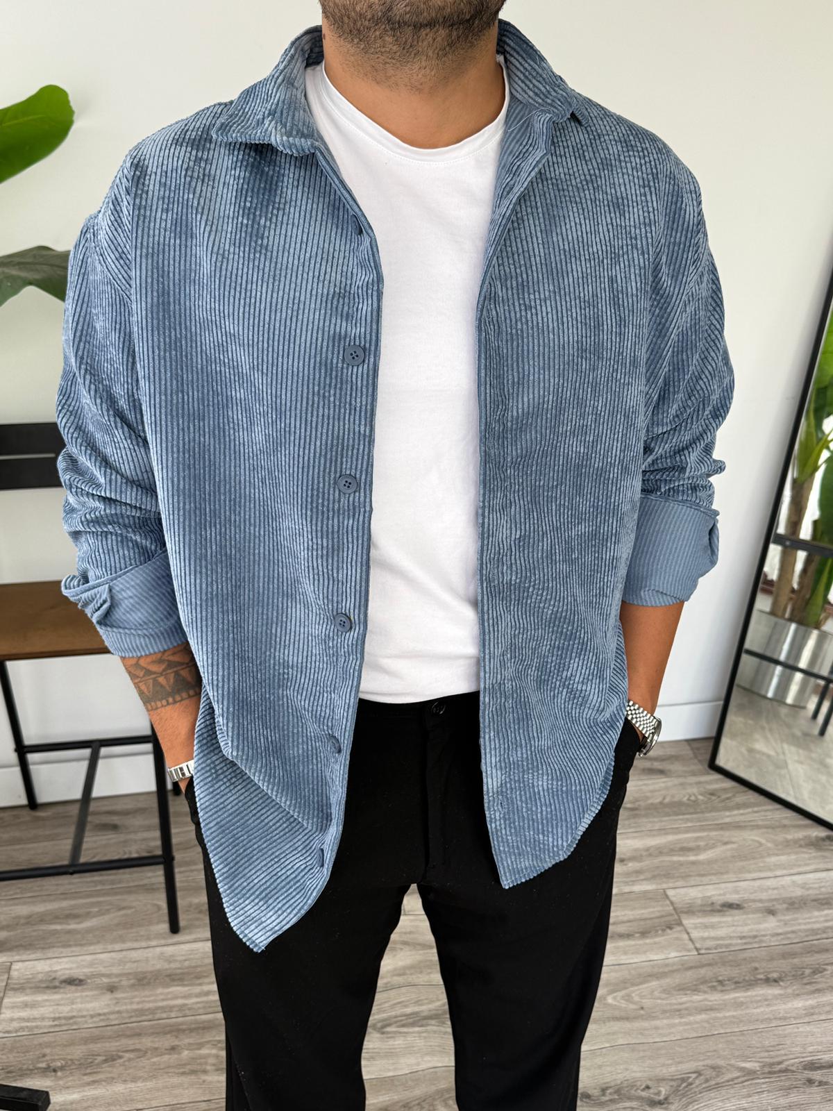 Tam Kalıp Kadife Gömlek  - Mavi