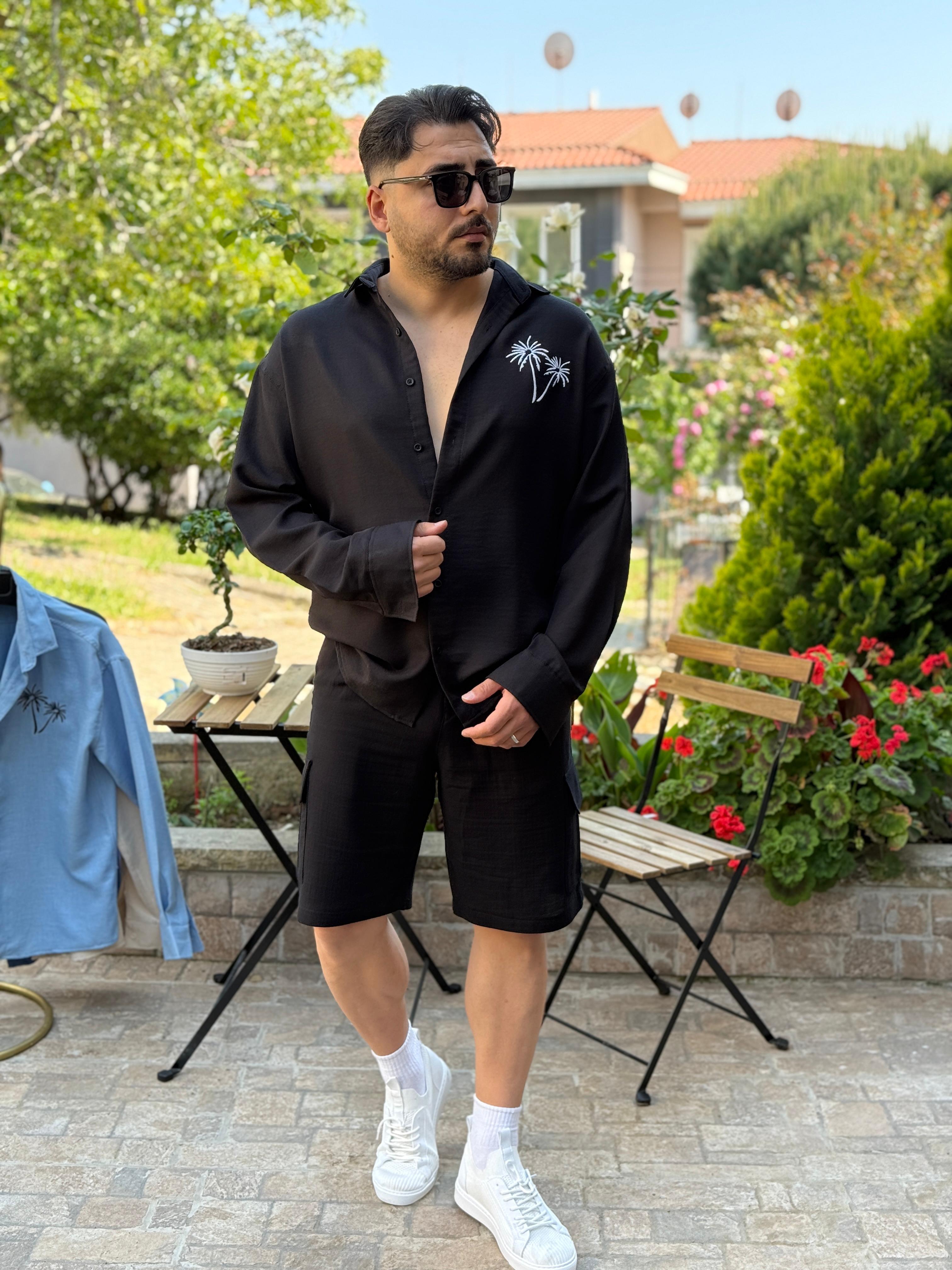 Oversize Palmiye Ağaç Nakışlı Gömlek Siyah