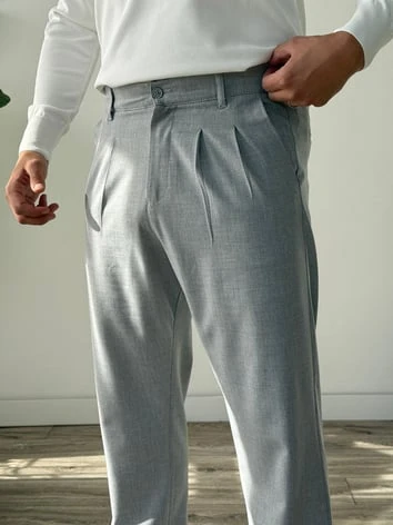 Kumaş Baggy Pile Detaylı Pantolon - Gri