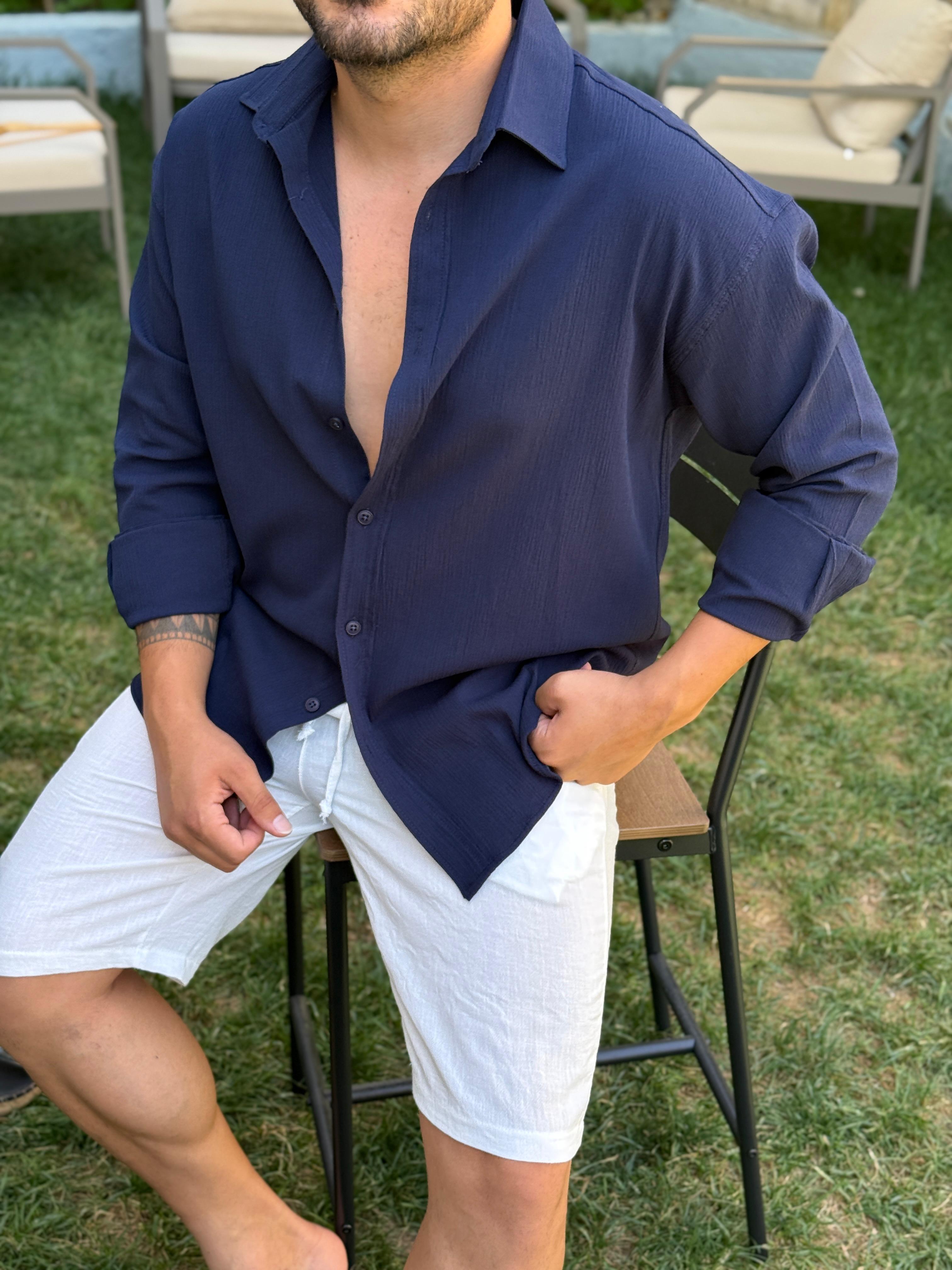 Kırinkıl Sırt Pile Detaylı Pamuklu Gömlek Lacivert