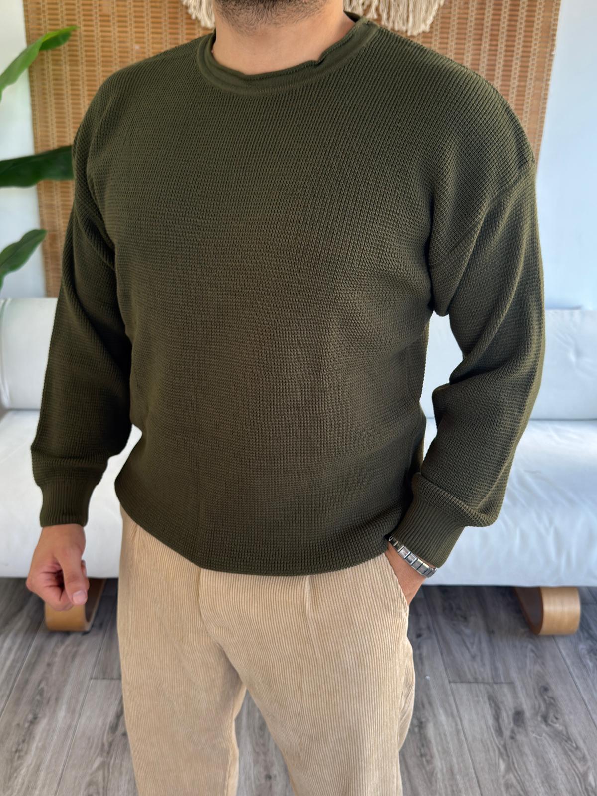 Geniş Yaka Örme Triko Kazak - Haki Yeşili
