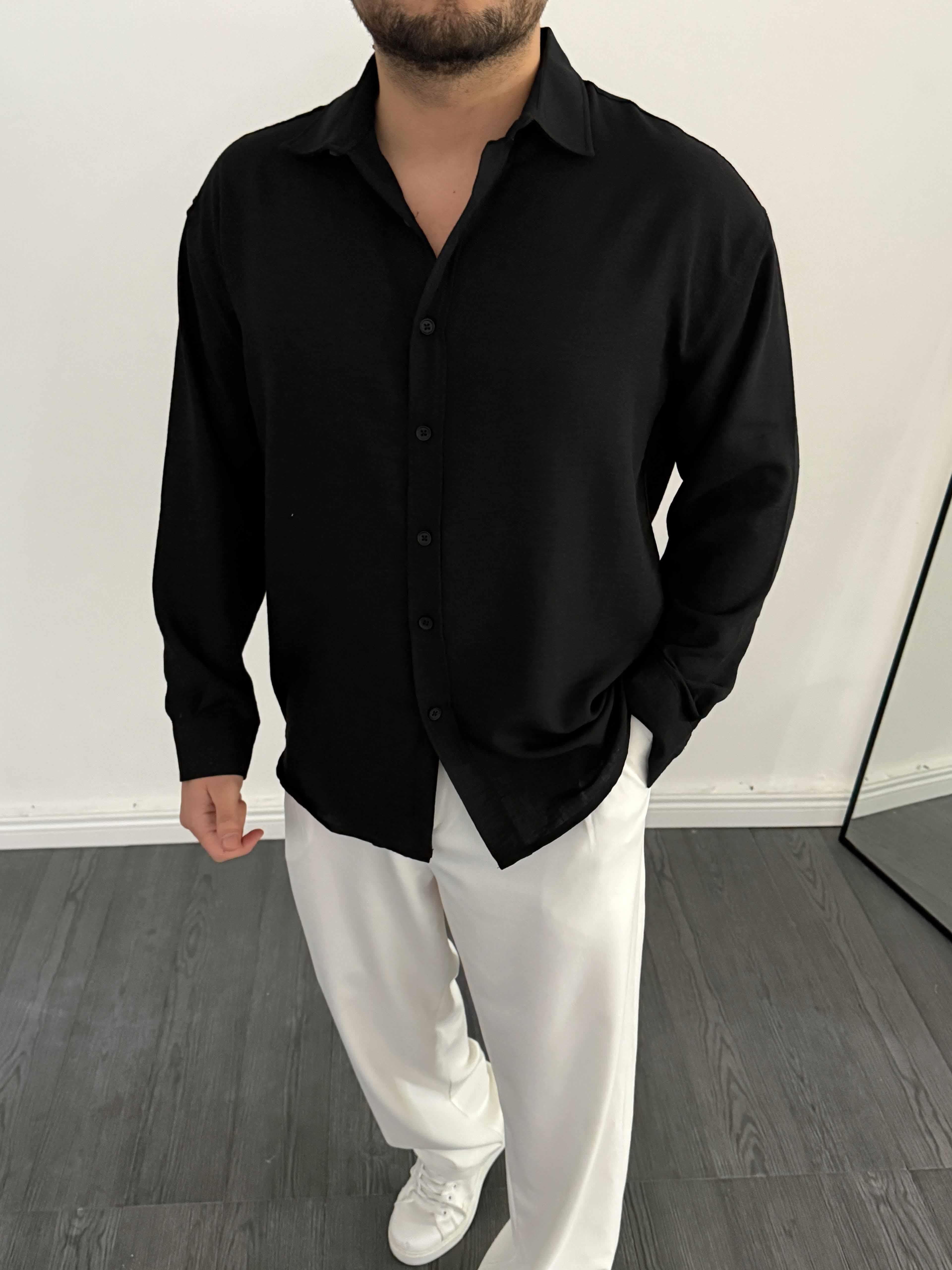 Tam Kalıp Keten Gömlek Siyah