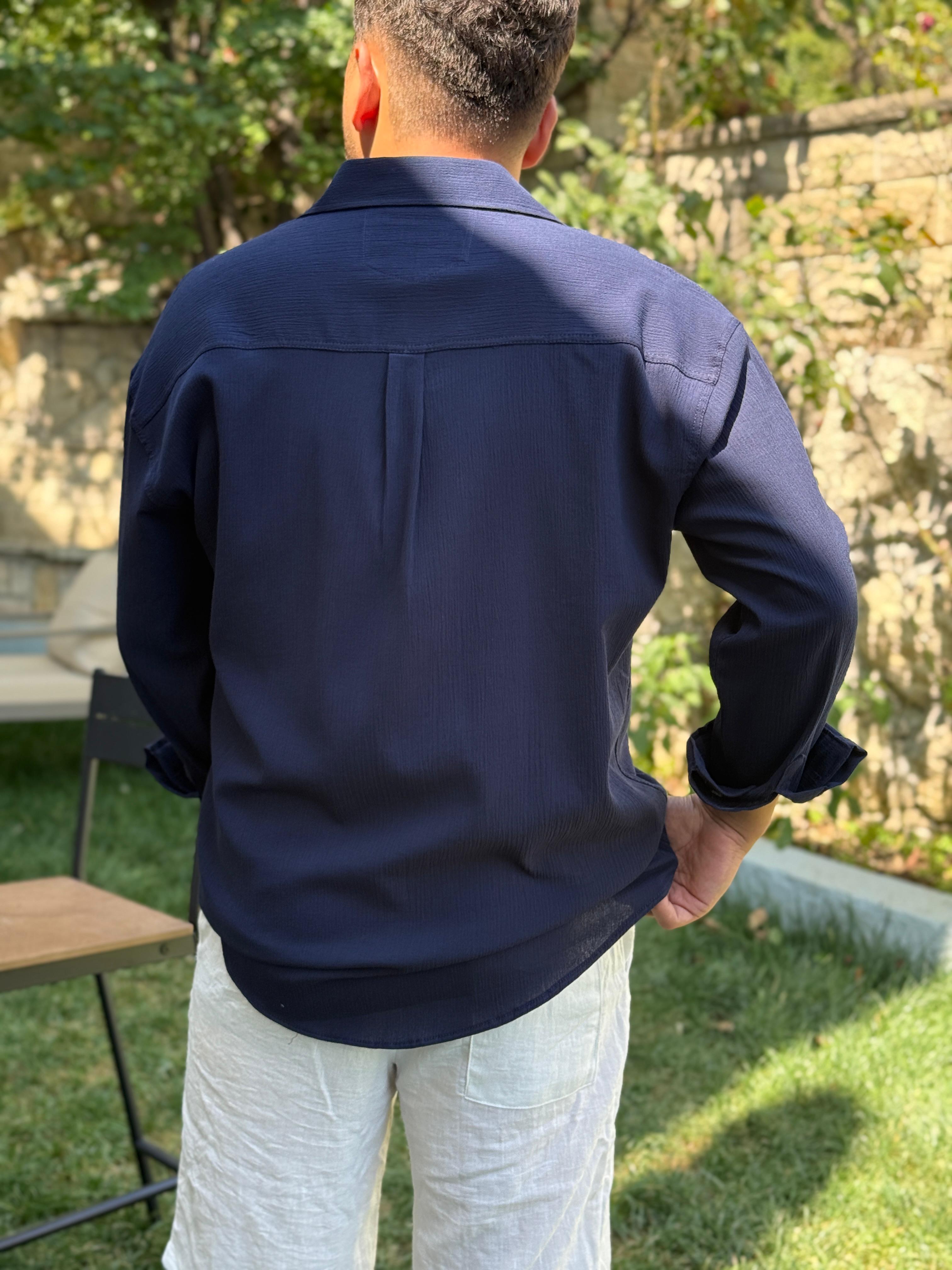 Kırinkıl Sırt Pile Detaylı Pamuklu Gömlek Lacivert