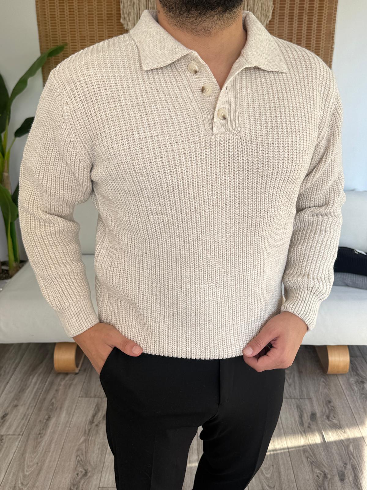 Düğme Kapama Kalın Triko Kazak - Ekru