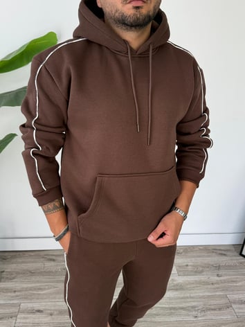 Kapüşonlu Kanguru Cepli Biyeli Alt Üst Takım - Kahverengi
