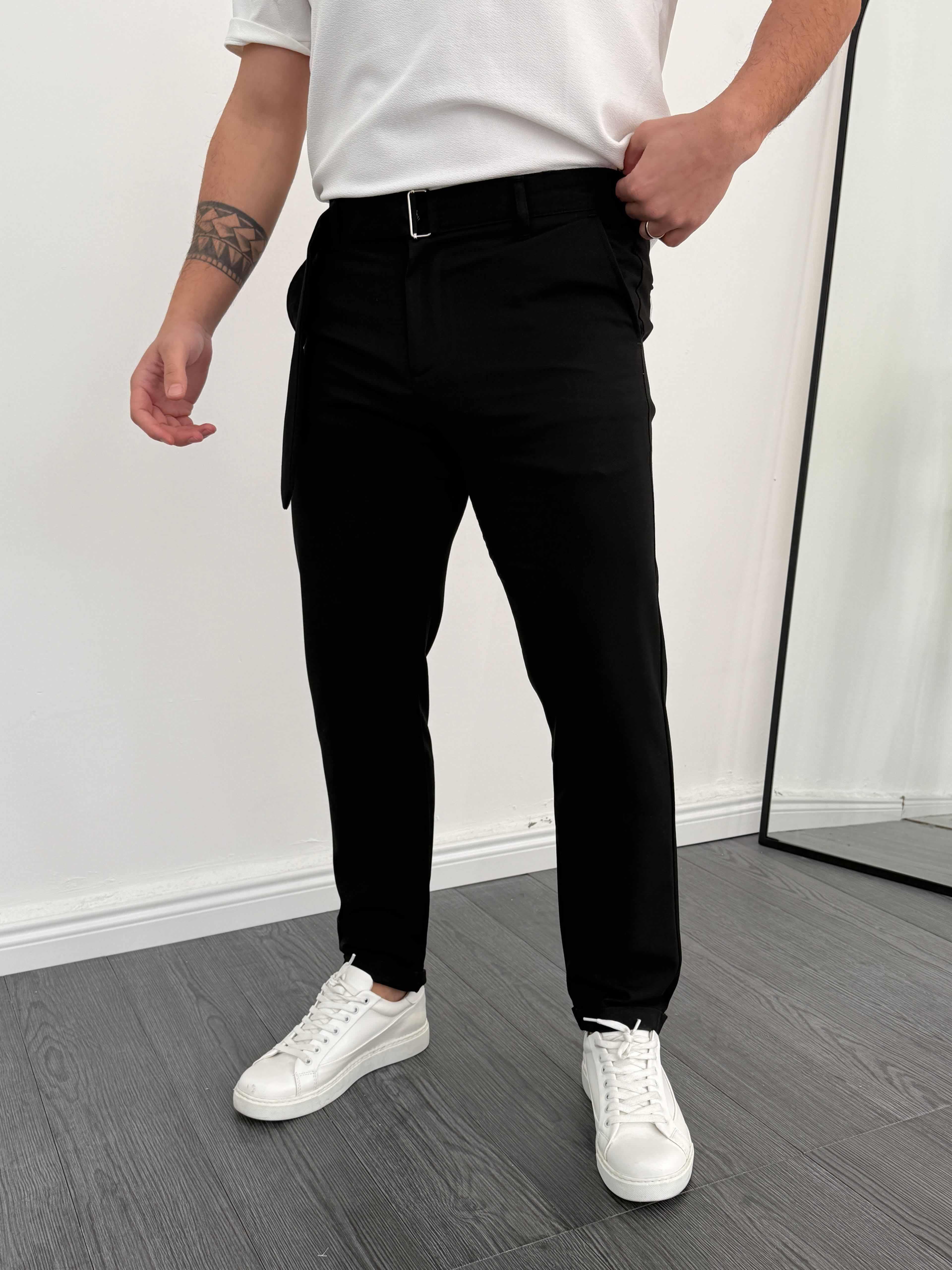 Premium Kendinden Kemerli Duble Paça Kumaş Pantolon Siyah