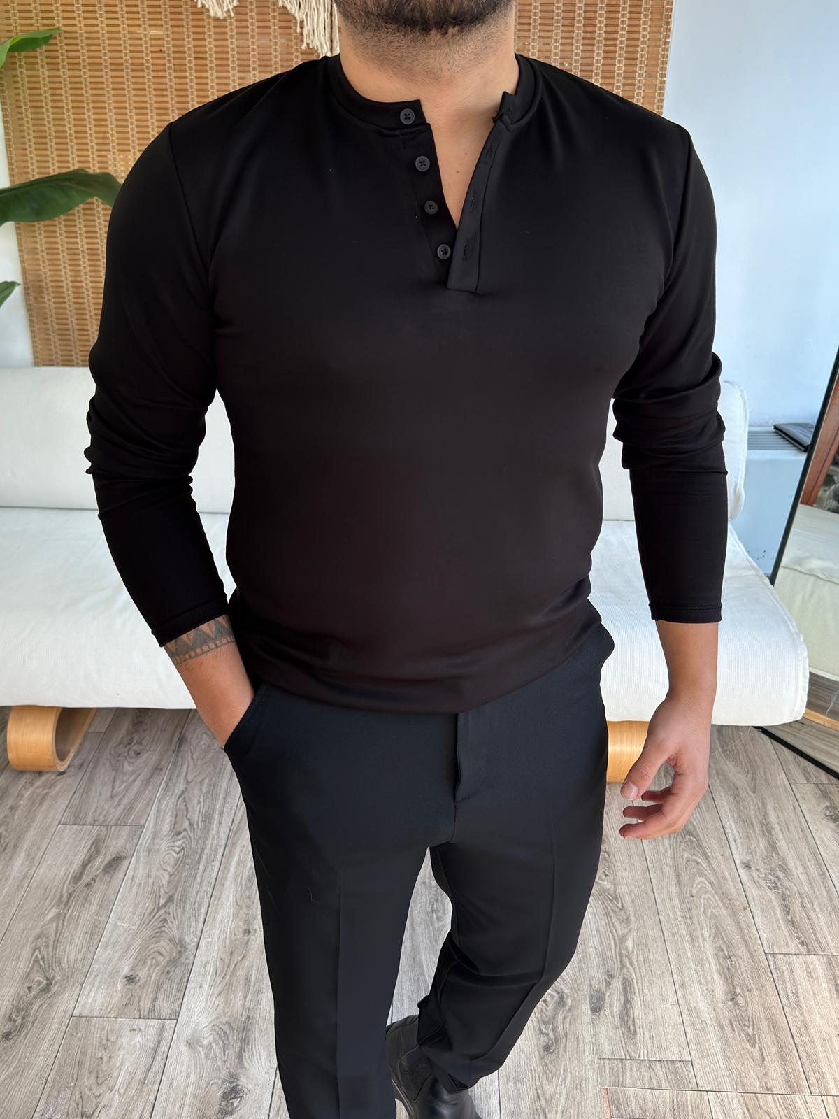 Modal Kumaş Premium Düğmeli Sweatshirt - Siyah