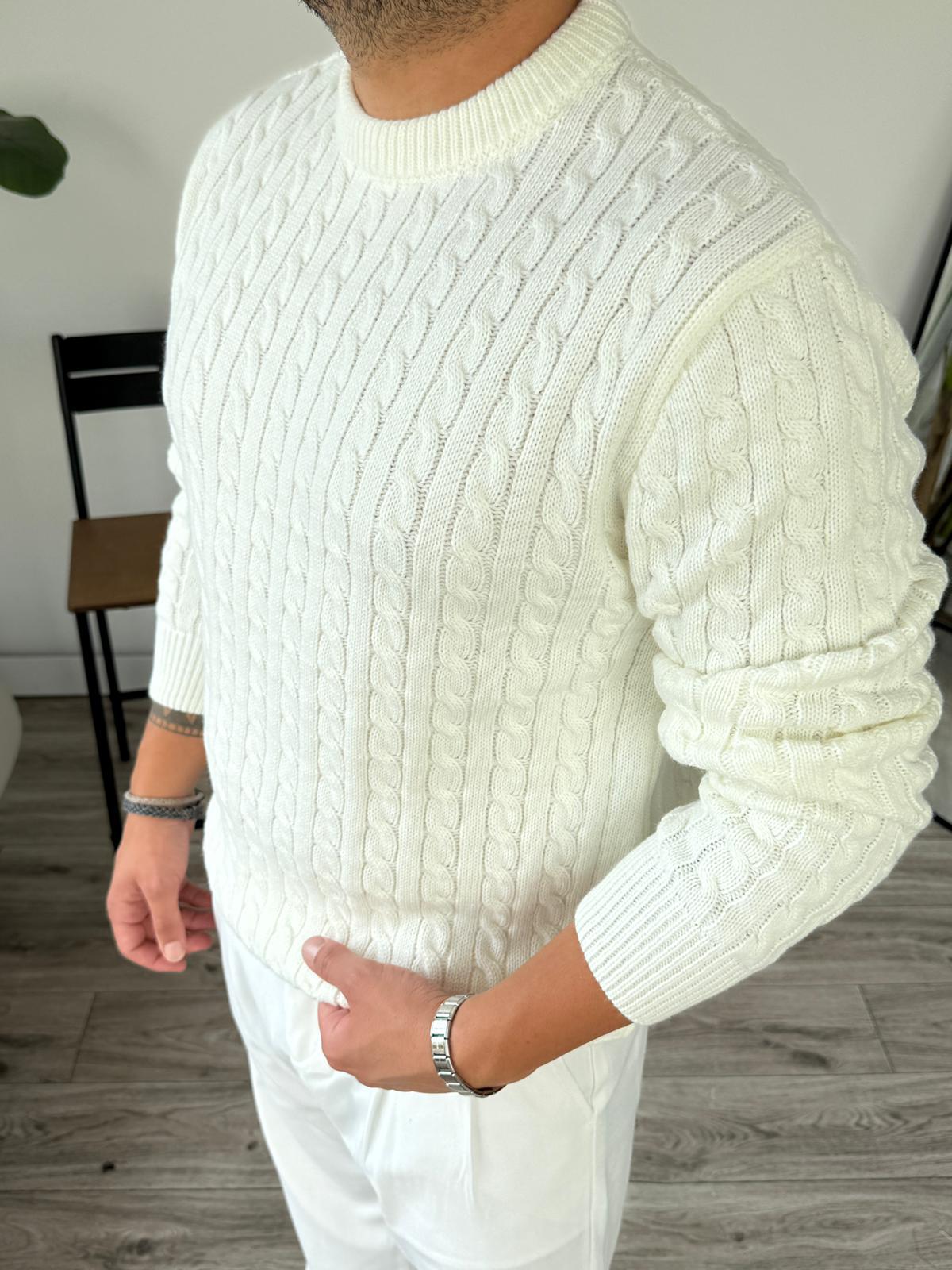 Saç Örgü Bisiklet Yaka Triko Kazak  - Ekru