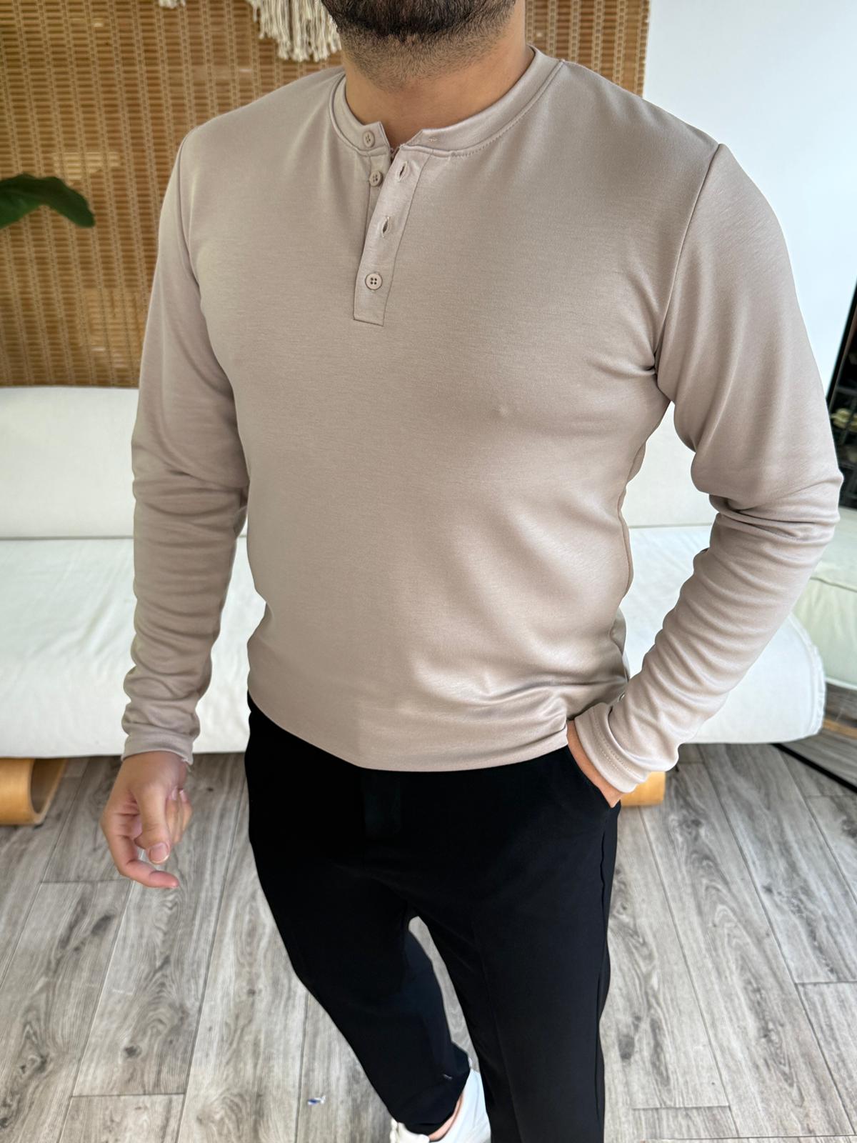 Modal Kumaş Premium Düğmeli Sweatshirt - Bej