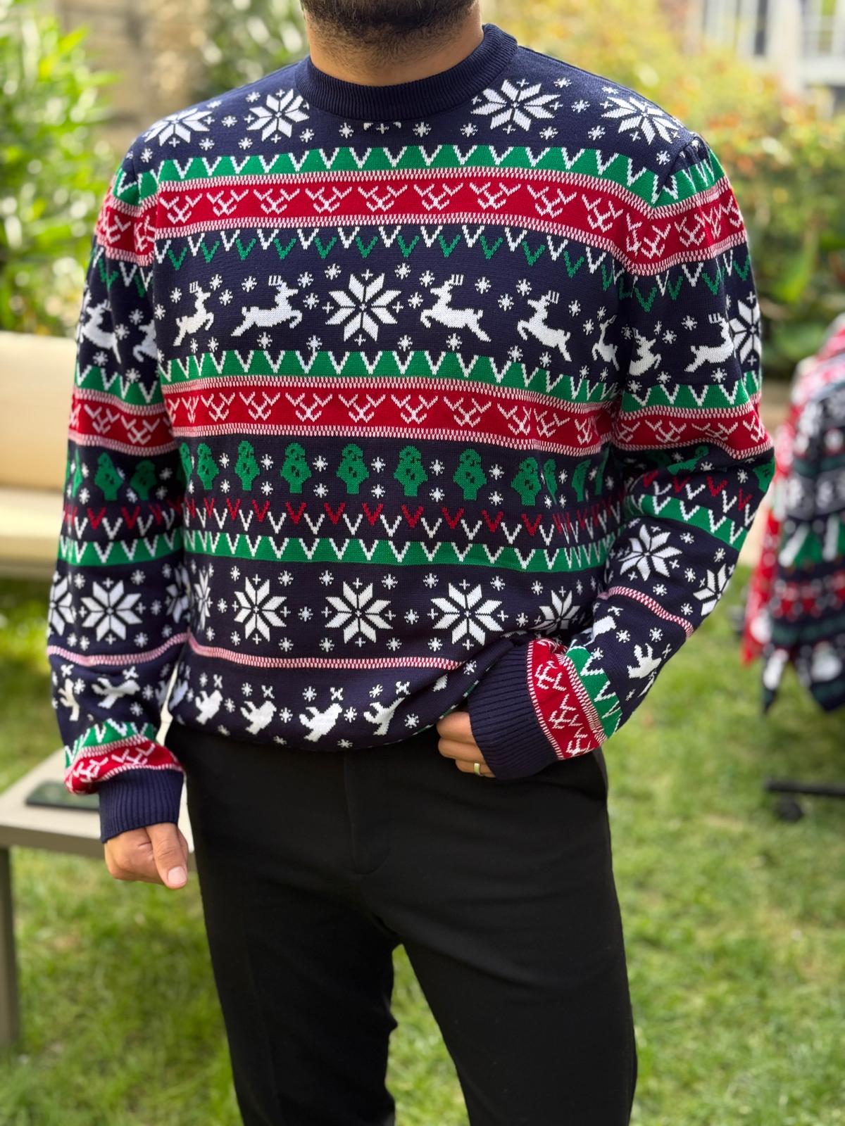 Yılbaşı Temalı Geyikli Triko Kazak  - Lacivert