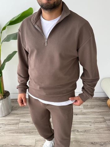 Petek Örme Alt Üst Yarım Fermuarlı Takım - Kahverengi