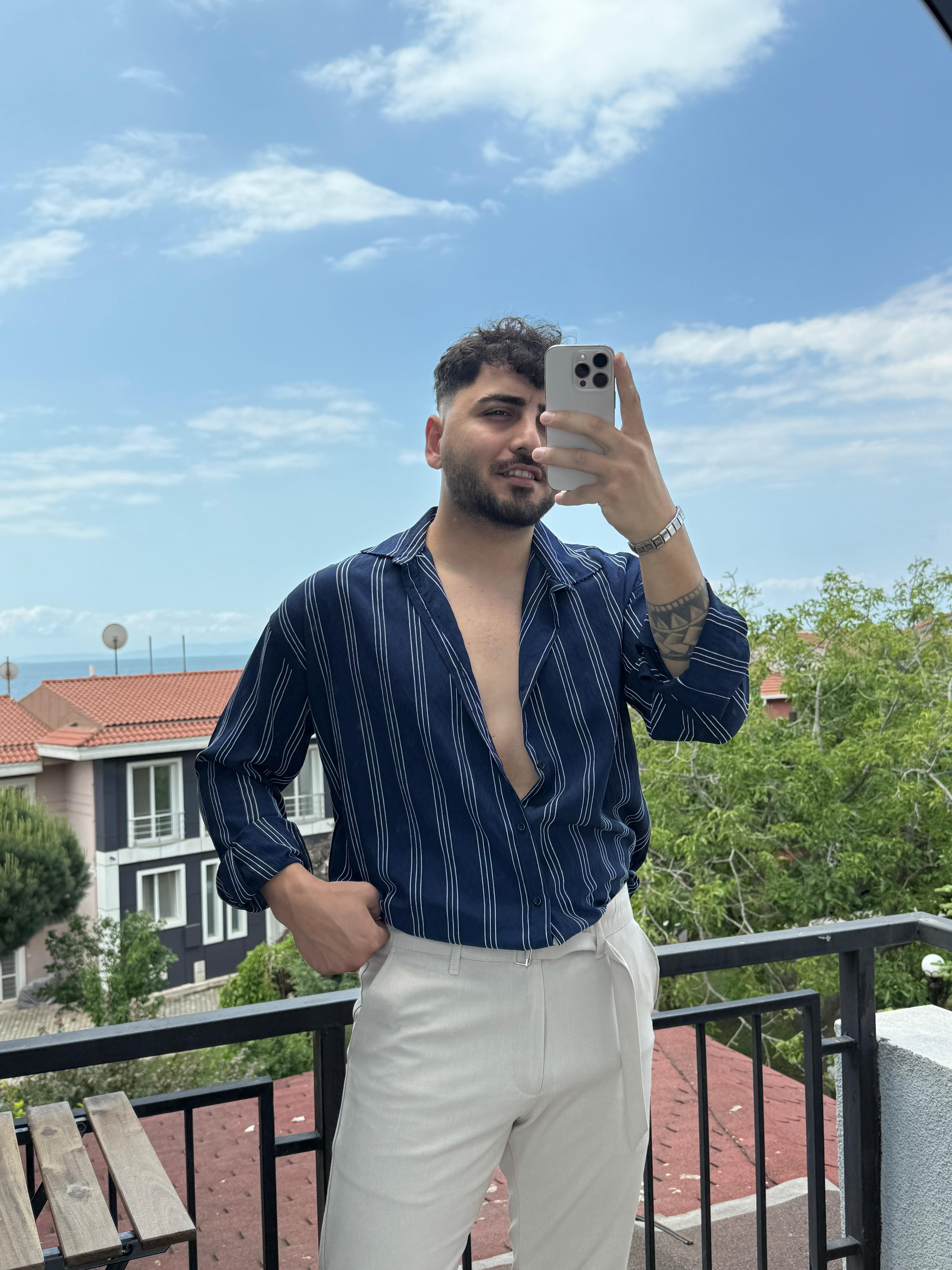 Tensel Kırinkıl 3 Çizgili Oversize Gömlek Lacivert