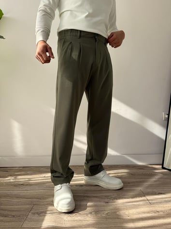 Kumaş Baggy Pile Detaylı Pantolon - Haki