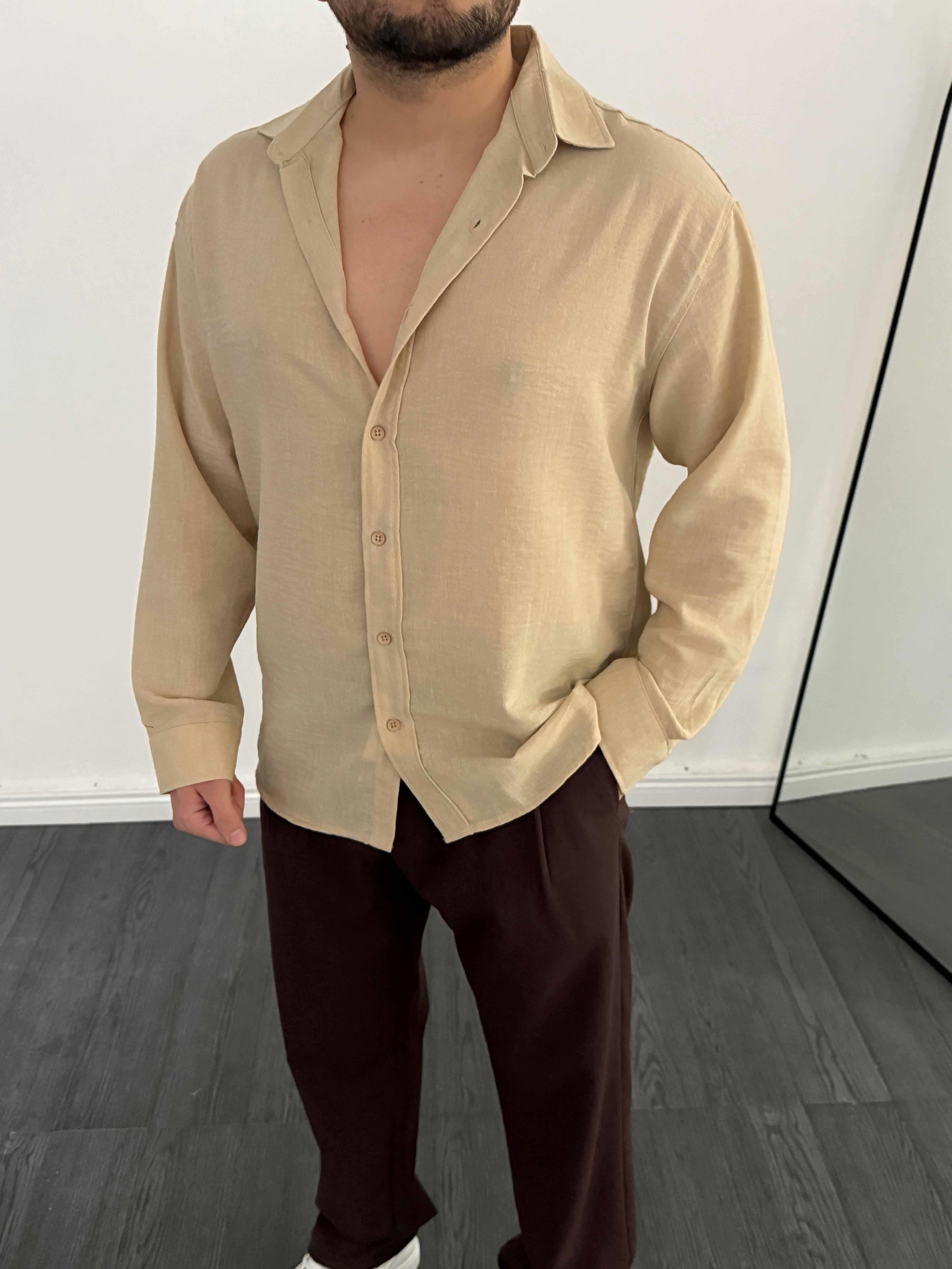 Tam Kalıp Keten Gömlek Bej