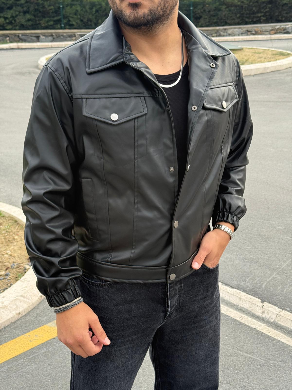 Üst Cep Kapaklı Deri Ceket  - Siyah