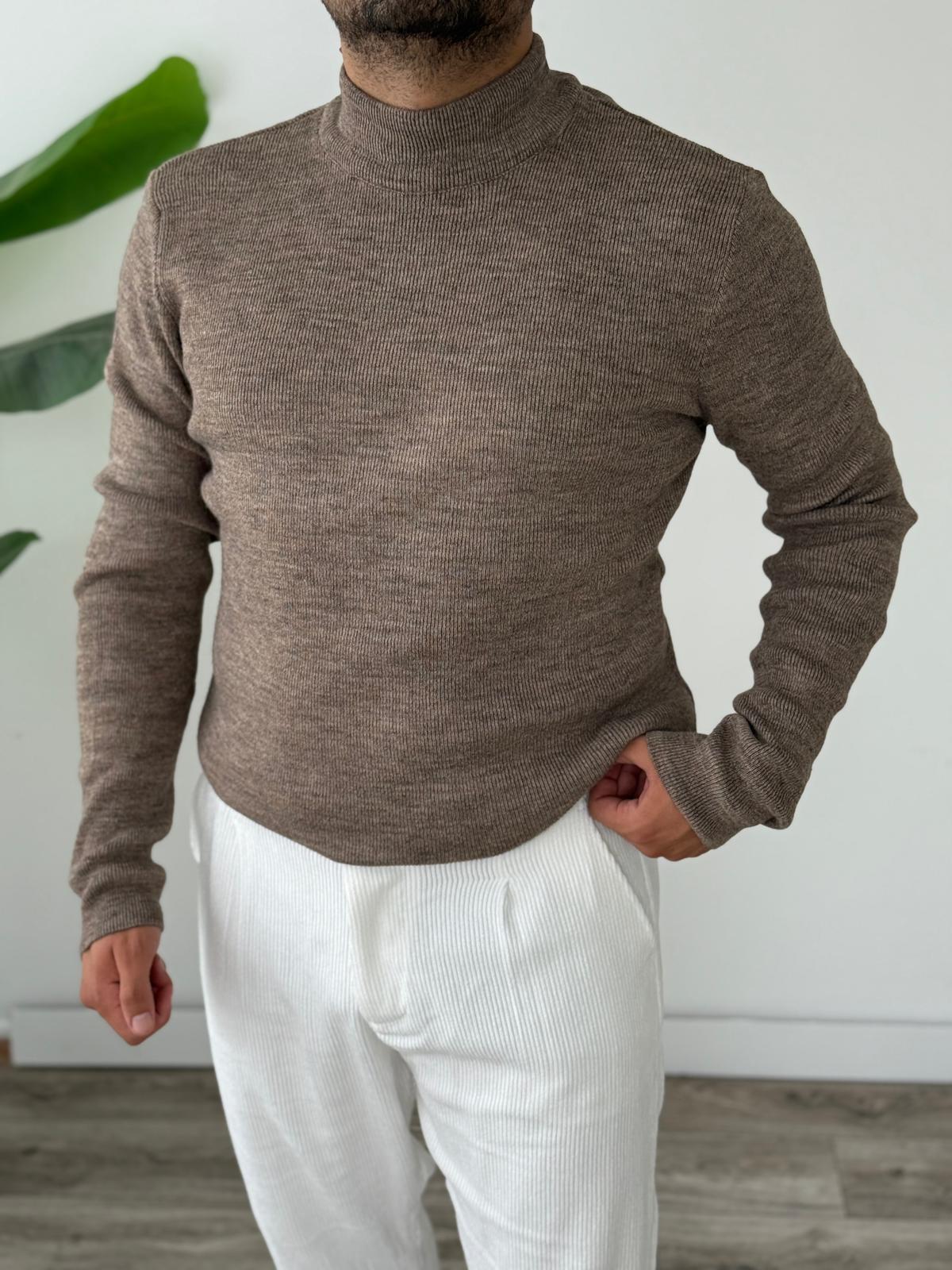 Yarım Balıkçı Örme Triko Kazak  - Kahverengi