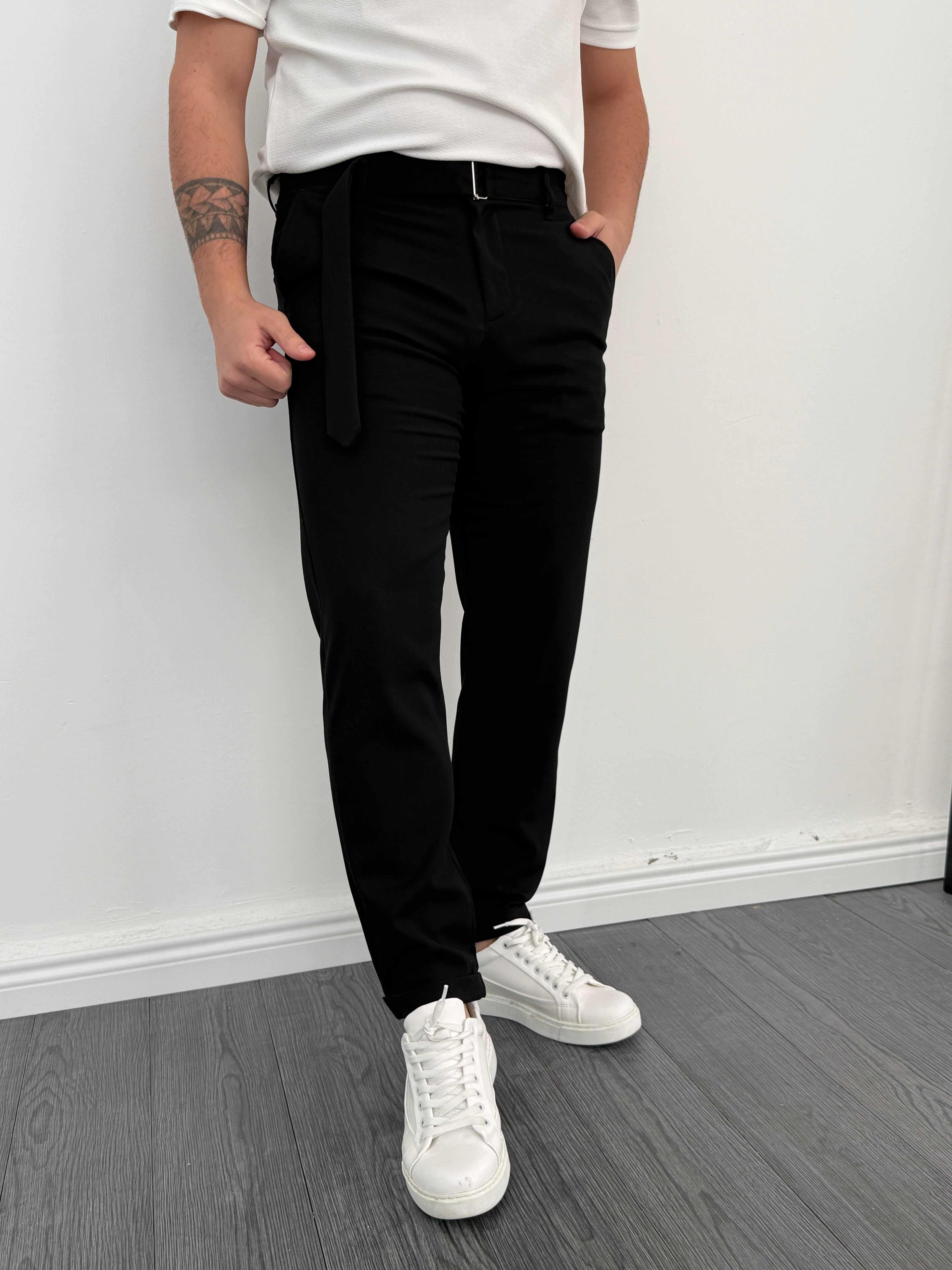 Premium Kendinden Kemerli Duble Paça Kumaş Pantolon Siyah