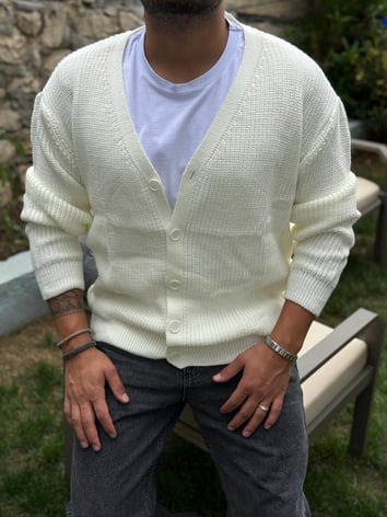 Düğme Kapamalı Triko Hırka - Ekru