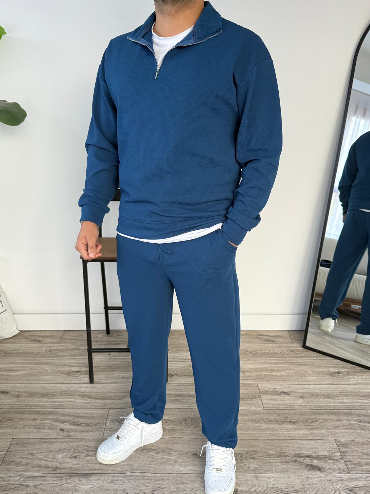 Petek Örme Alt Üst Yarım Fermuarlı Takım - İndigo