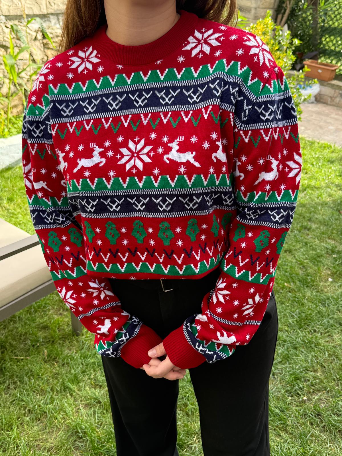 Yılbaşı Temalı Geyikli Triko Kazak  - Kırmızı