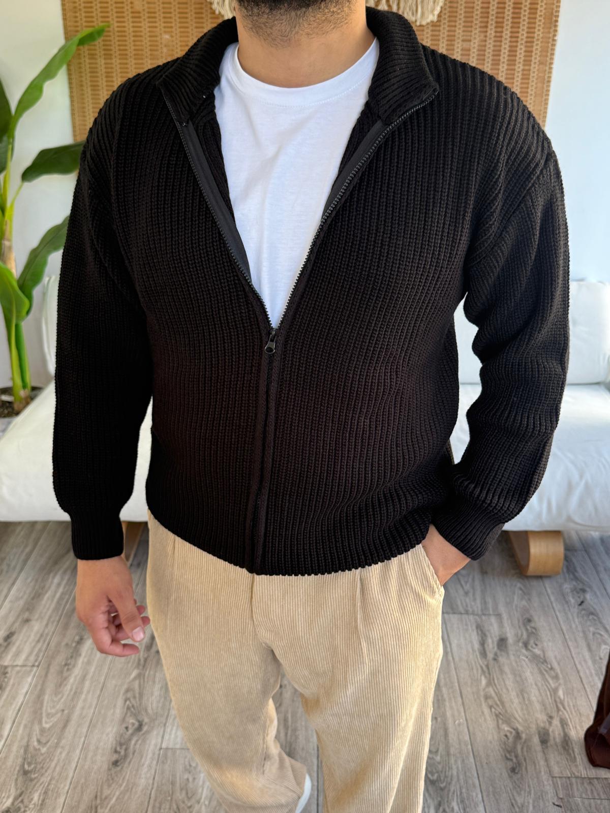 Tam Fermuar Kapamalı Triko Hırka - Siyah