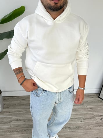 Kapüşonlu Kanguru Cepli Sweat - Beyaz
