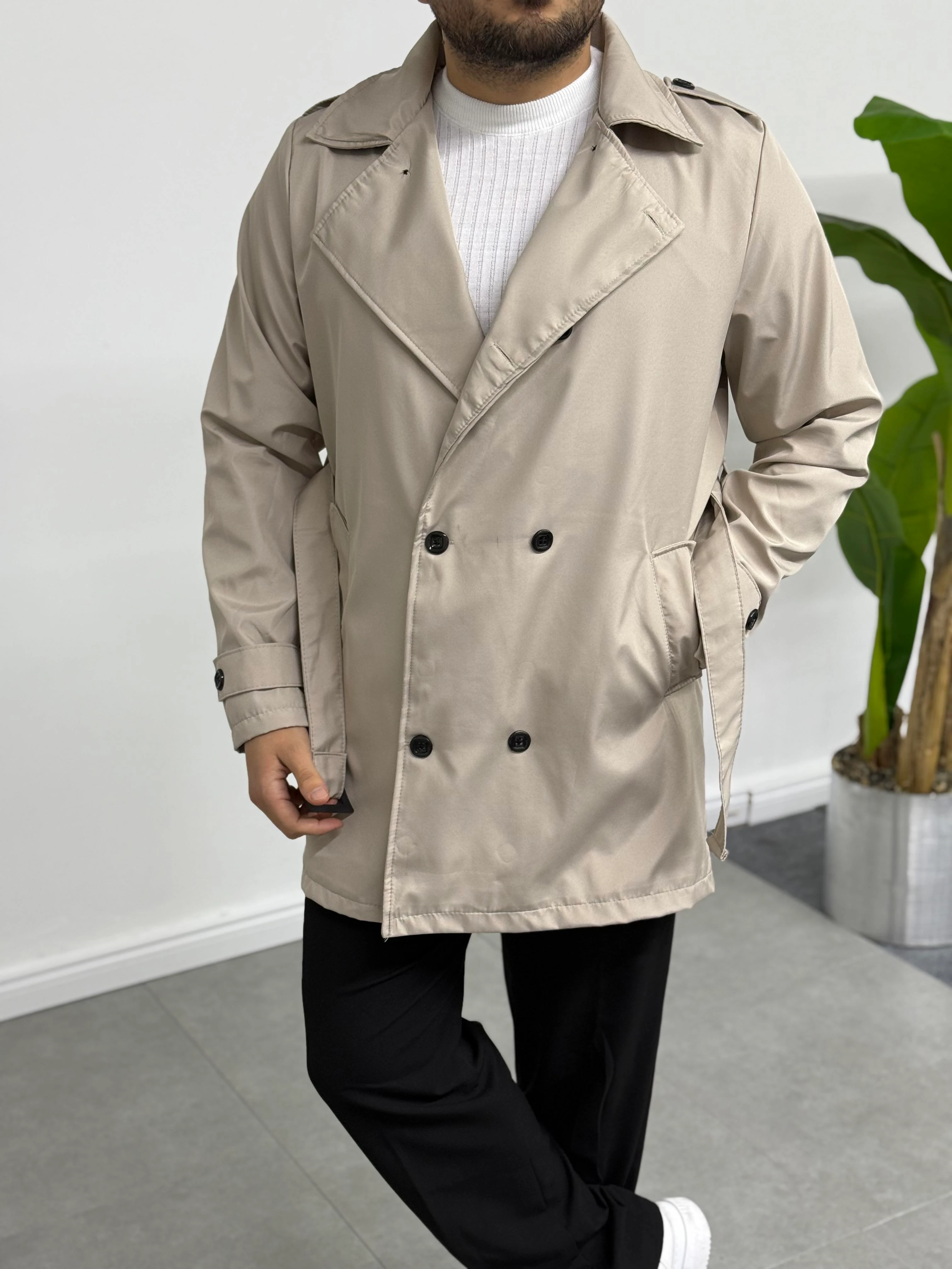 Regular Fit Apoletli Beli Kemerli Trençkot Bej