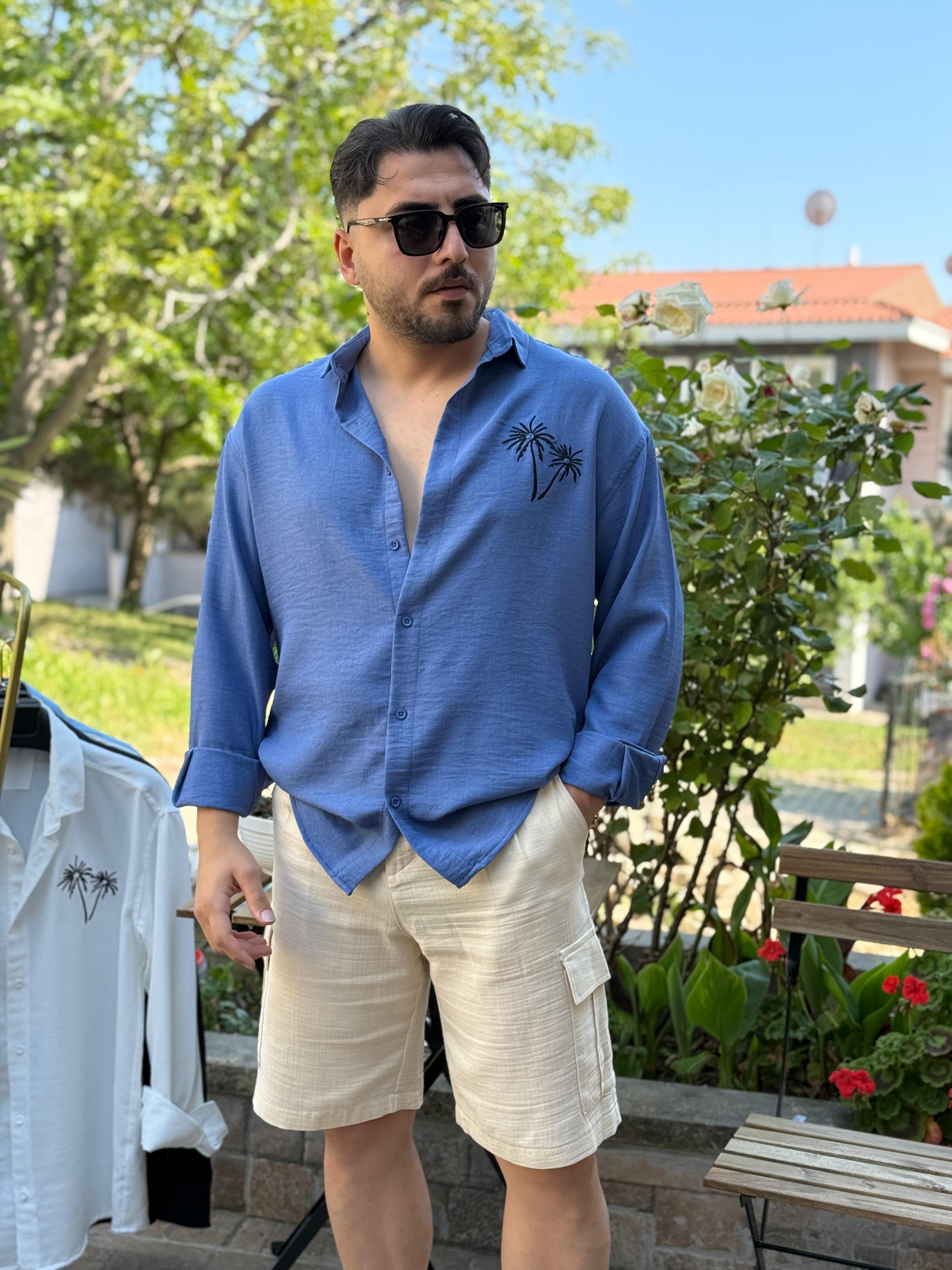 Oversize Palmiye Ağaç Nakışlı Gömlek İndigo Mavi