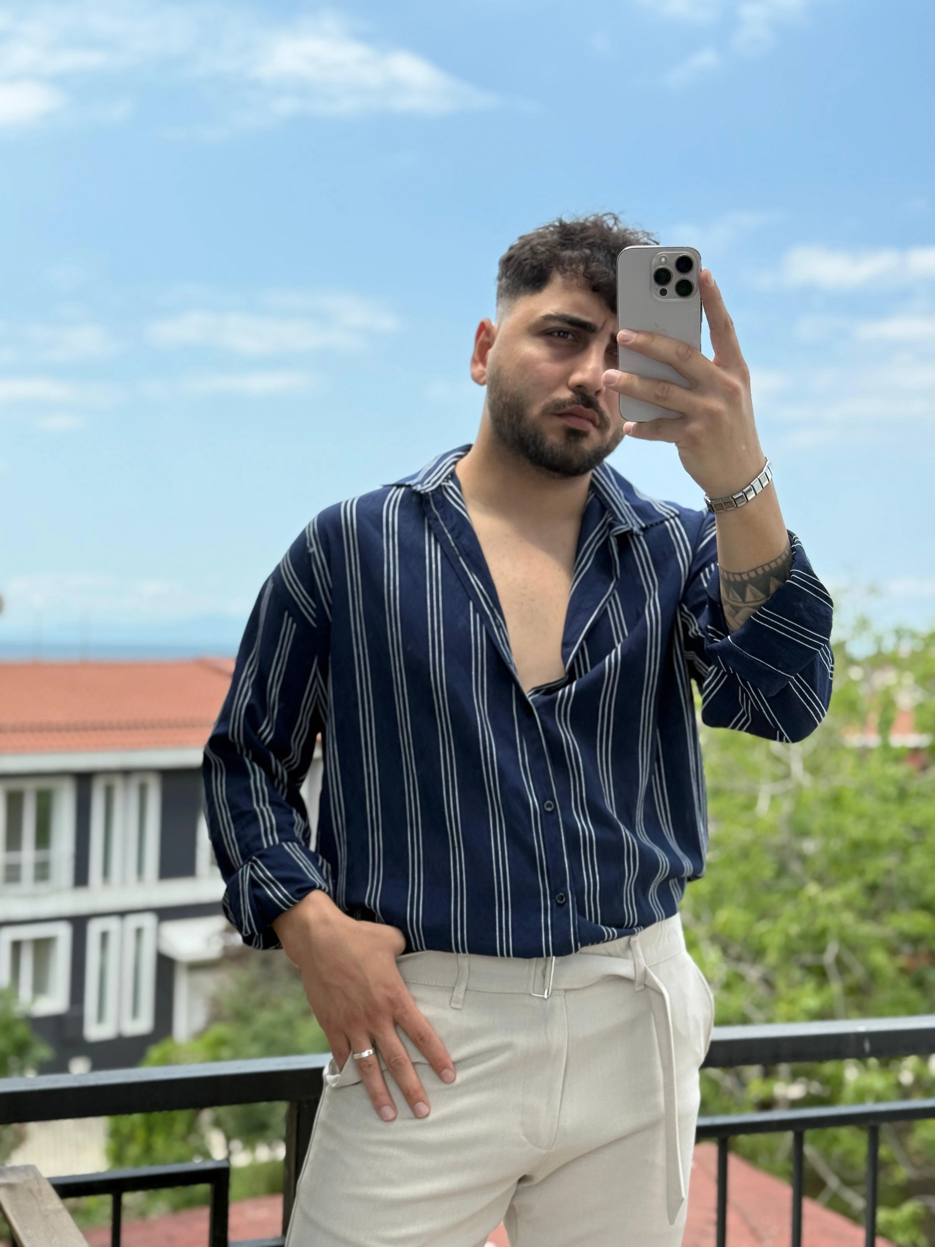 Tensel Kırinkıl 3 Çizgili Oversize Gömlek Lacivert