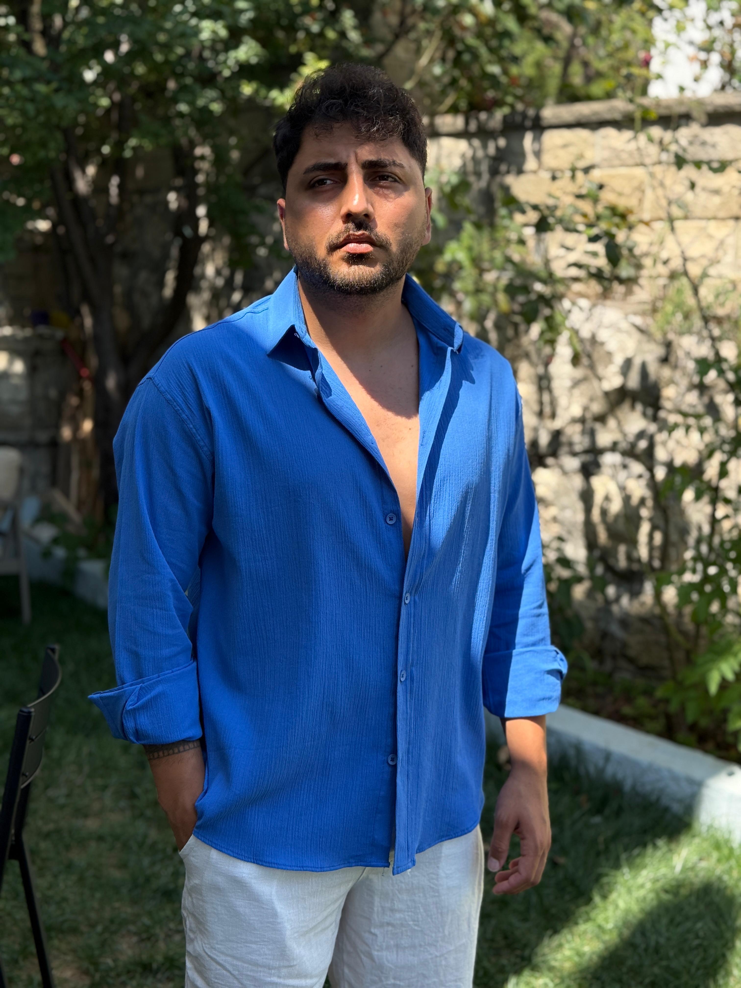 Kırinkıl Sırt Pile Detaylı Pamuklu Gömlek Saks Mavi