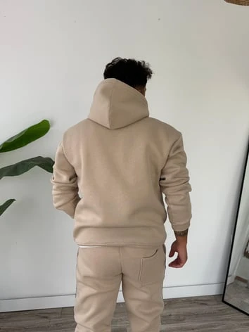 Kapüşonlu Kanguru Cepli Biyeli Alt Üst Takım - Bej