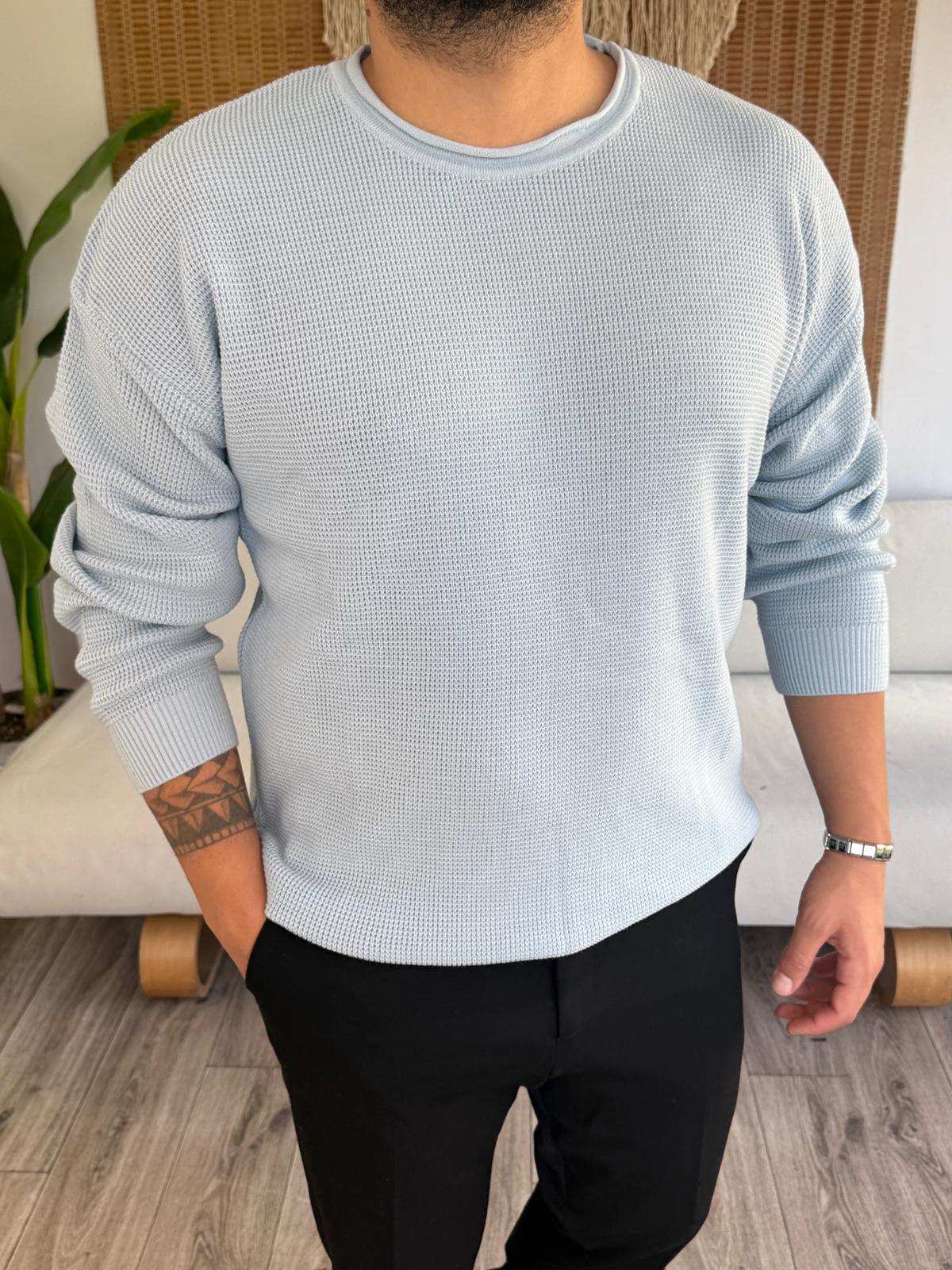 Geniş Yaka Örme Triko Kazak - Bebe Mavisi