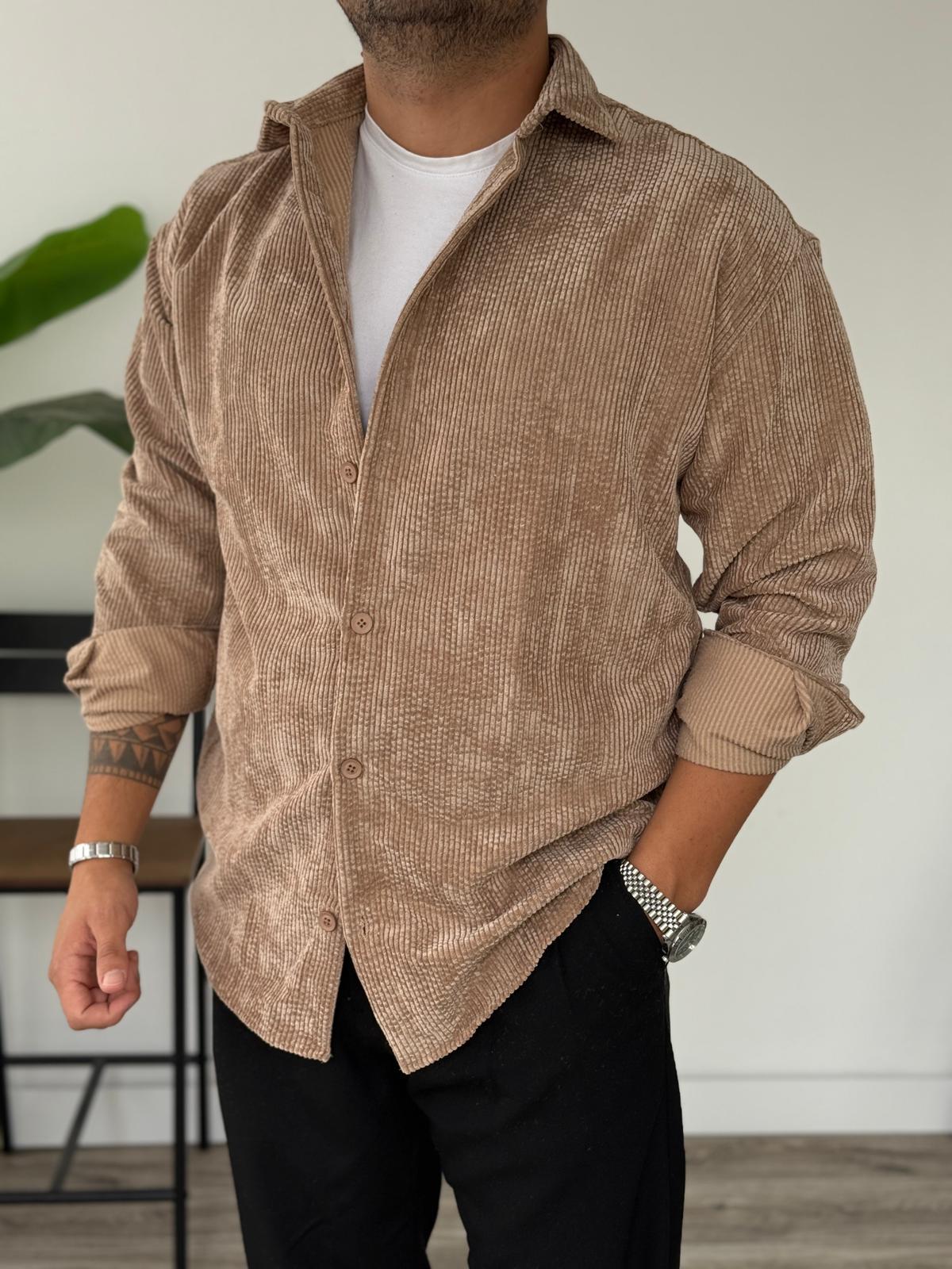 Tam Kalıp Kadife Gömlek  - Sütlü Kahve