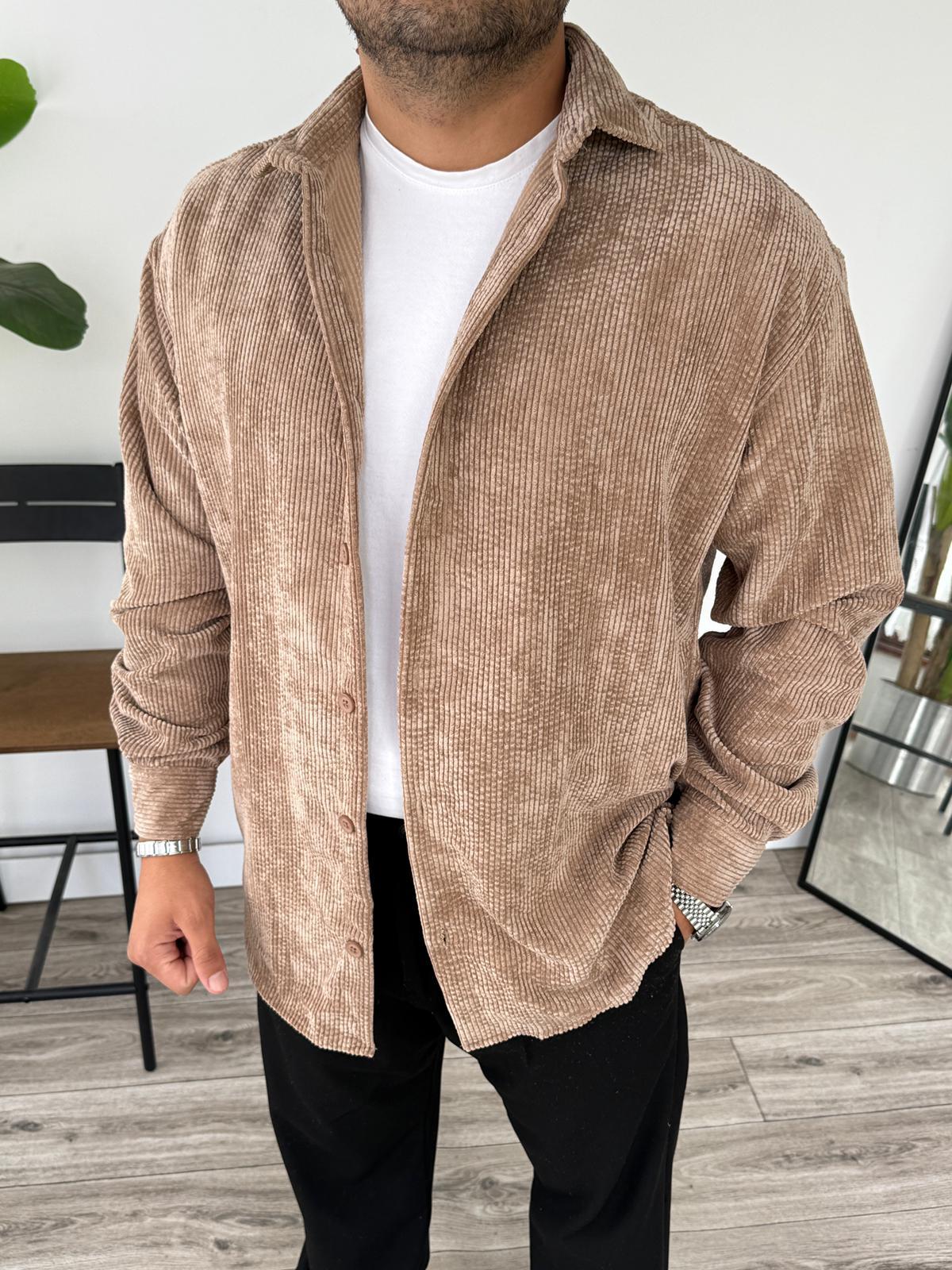 Tam Kalıp Kadife Gömlek  - Sütlü Kahve