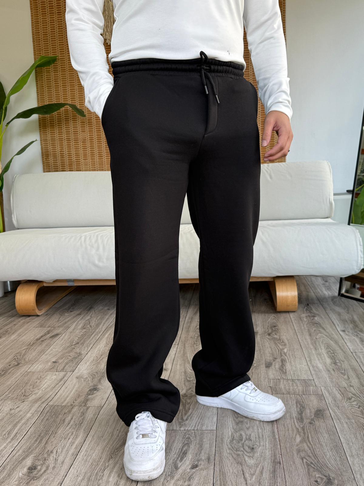 Üç İplik Şardonlu Baggy Eşofman Alt - Siyah