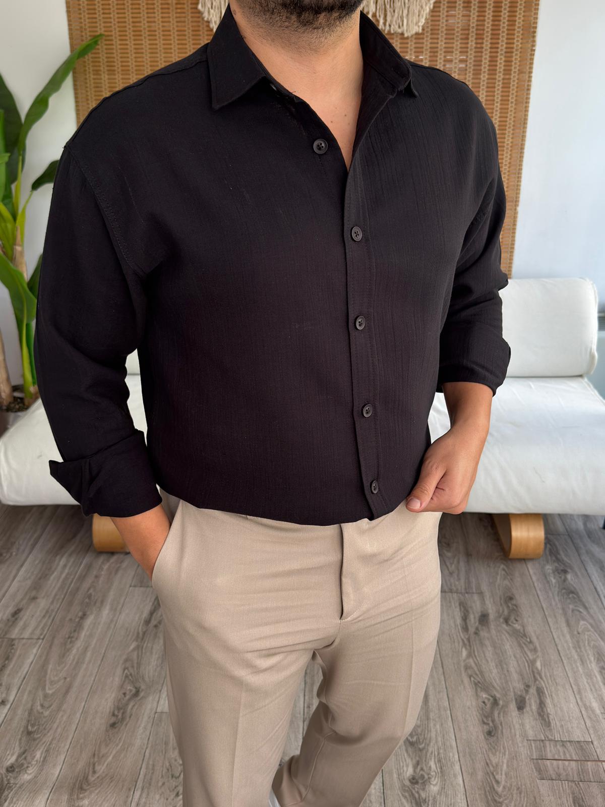 Regular Kalıp Müslin Kumaş %100 Pamuklu Gömlek - Siyah