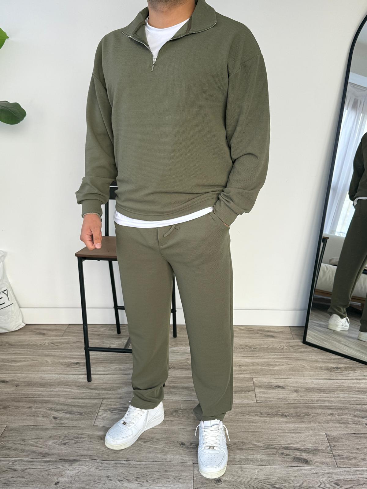 Petek Örme Alt Üst Yarım Fermuarlı Takım - Haki Yeşili