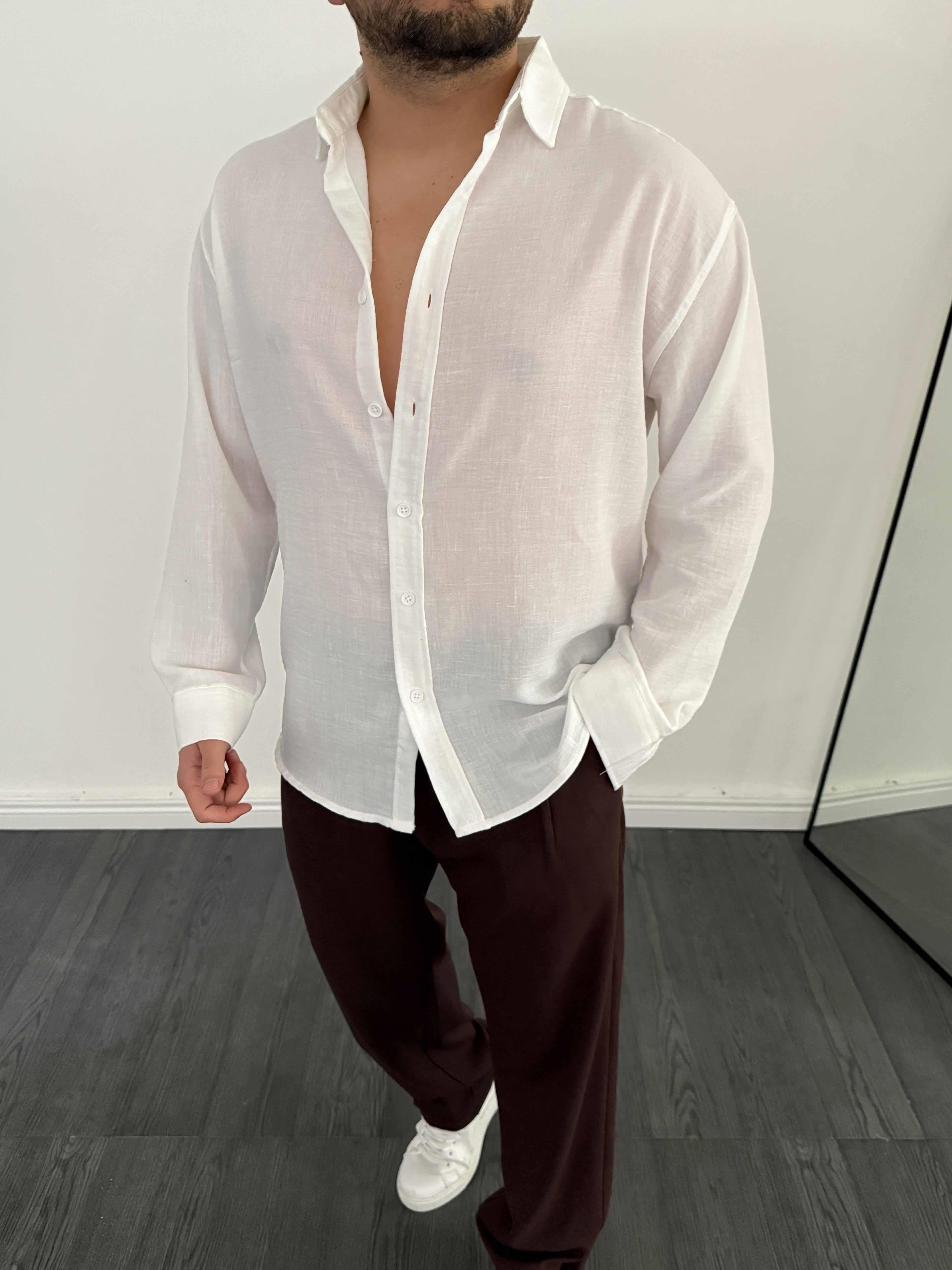 Tam Kalıp Keten Gömlek Beyaz