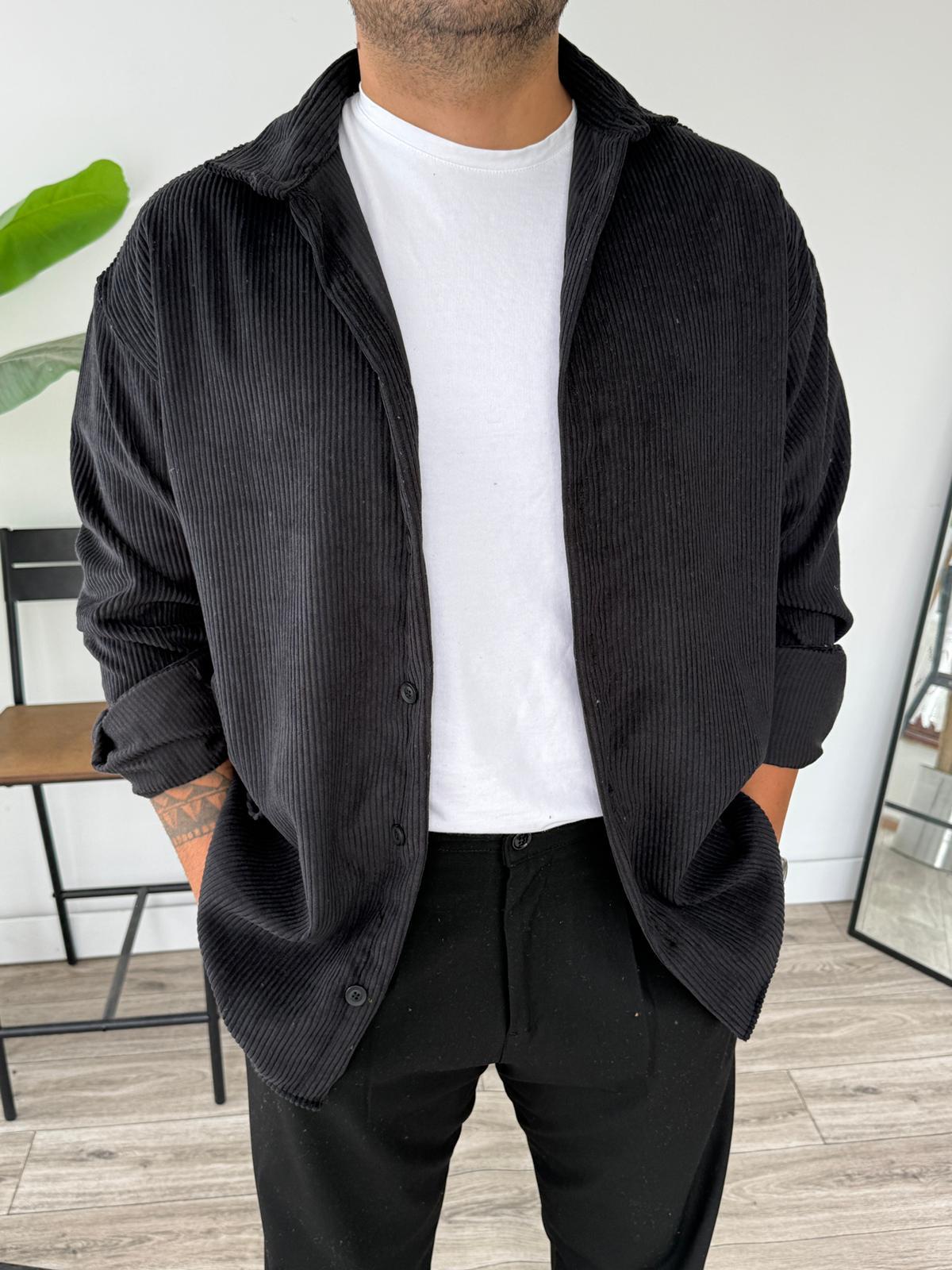 Tam Kalıp Kadife Gömlek  - Siyah