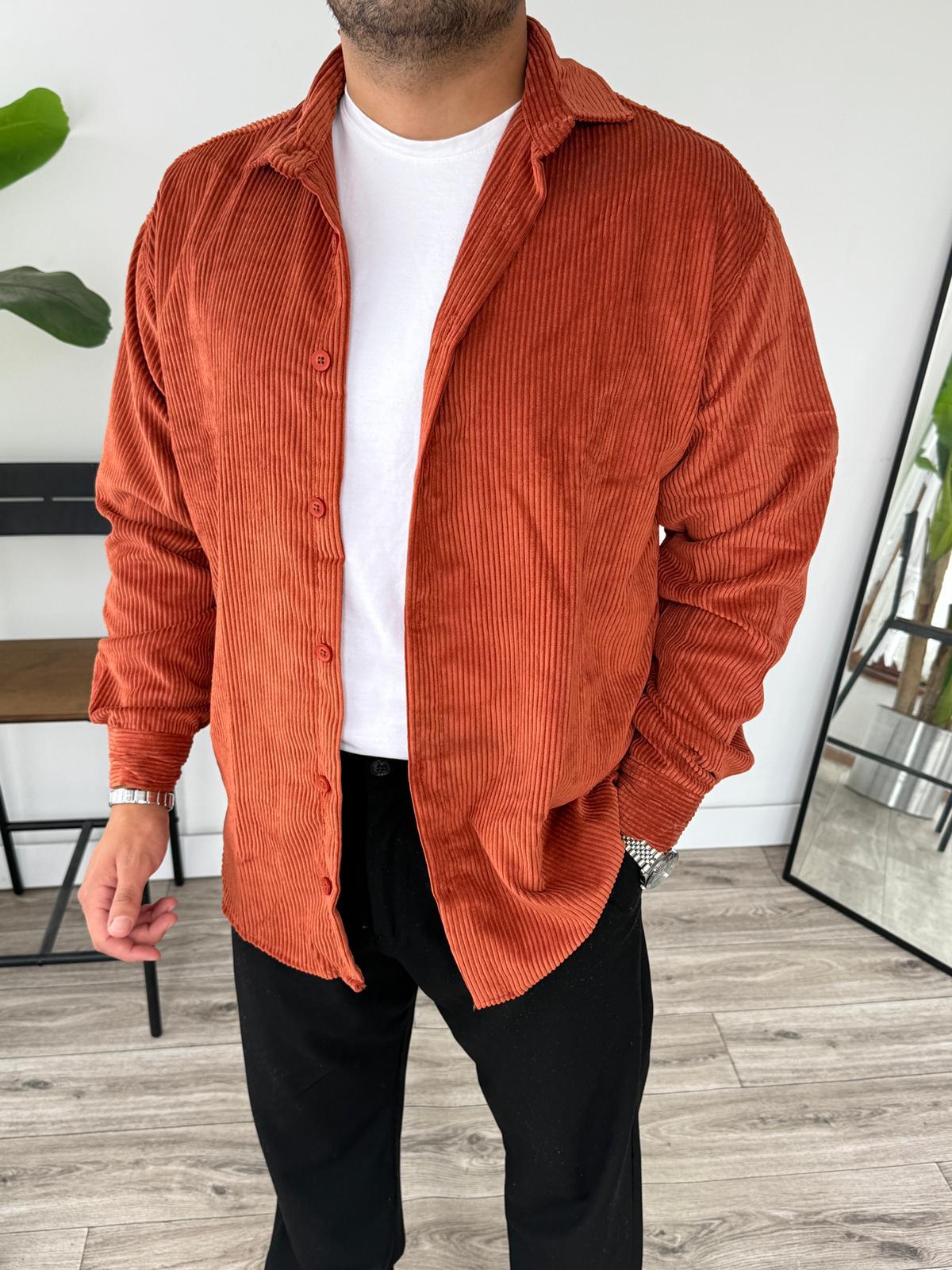 Tam Kalıp Kadife Gömlek  - Turuncu