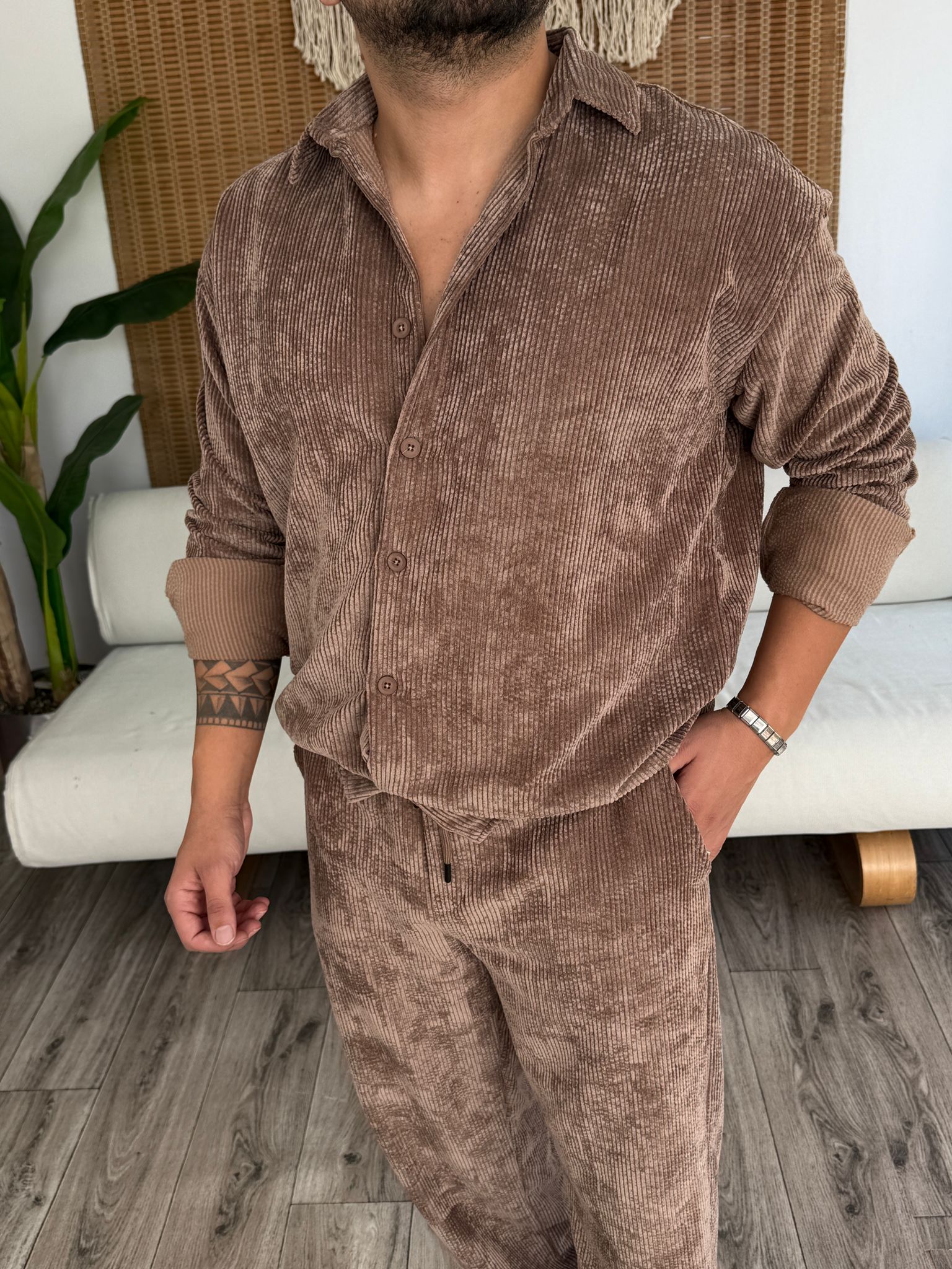 Kadife Alt Baggy Üst Gömlek  - Kahverengi