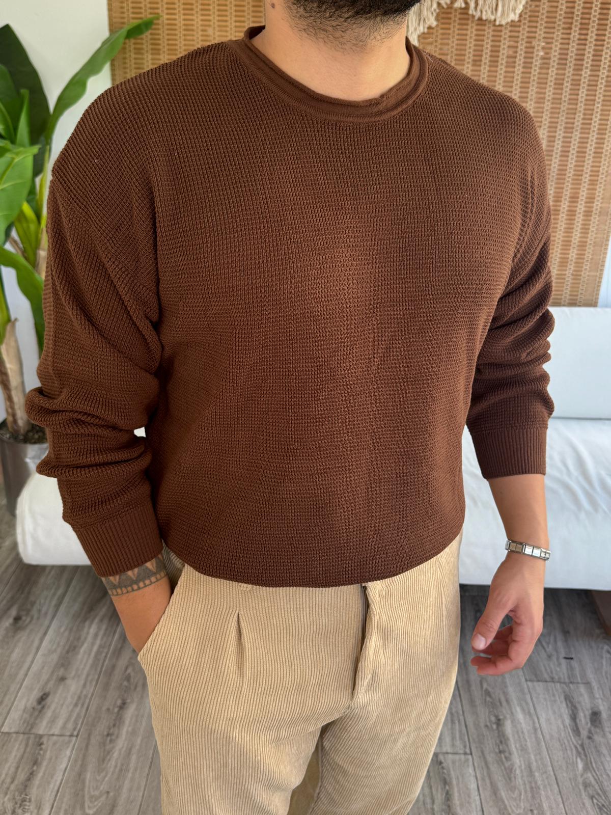 Geniş Yaka Örme Triko Kazak - Kahverengi