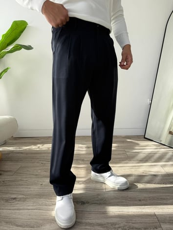 Kumaş Baggy Pile Detaylı Pantolon - Lacivert