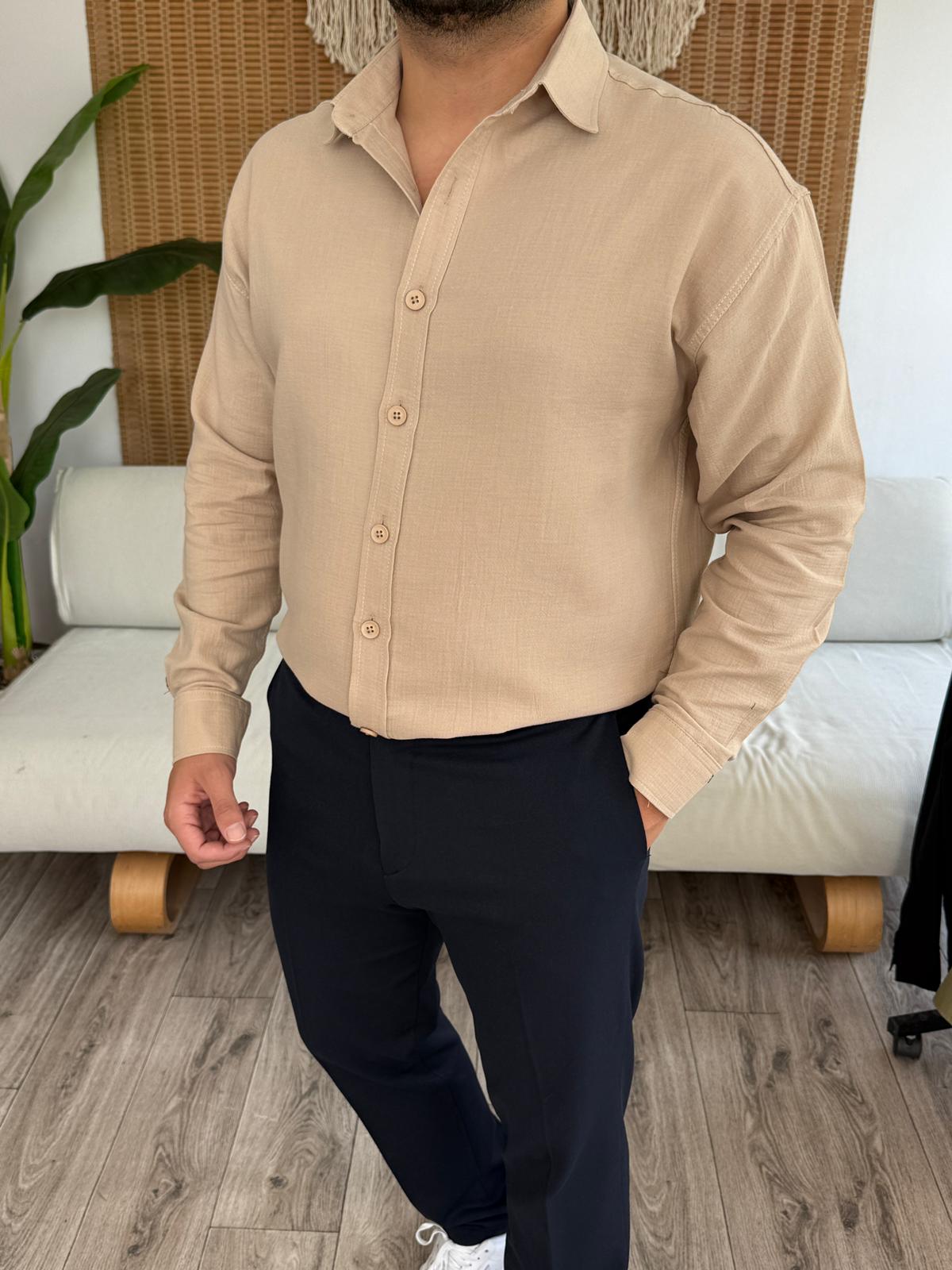 Regular Kalıp Müslin Kumaş %100 Pamuklu Gömlek - Bej