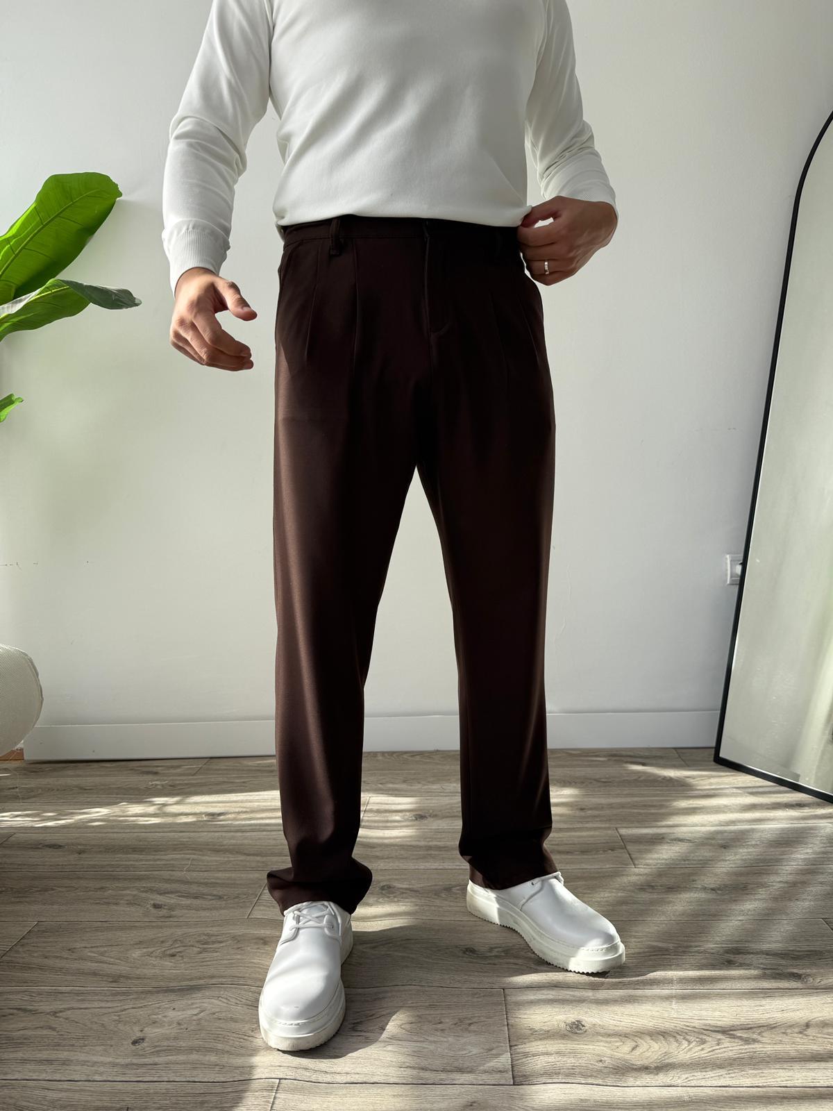 Kumaş Baggy Pile Detaylı Pantolon - Kahverengi