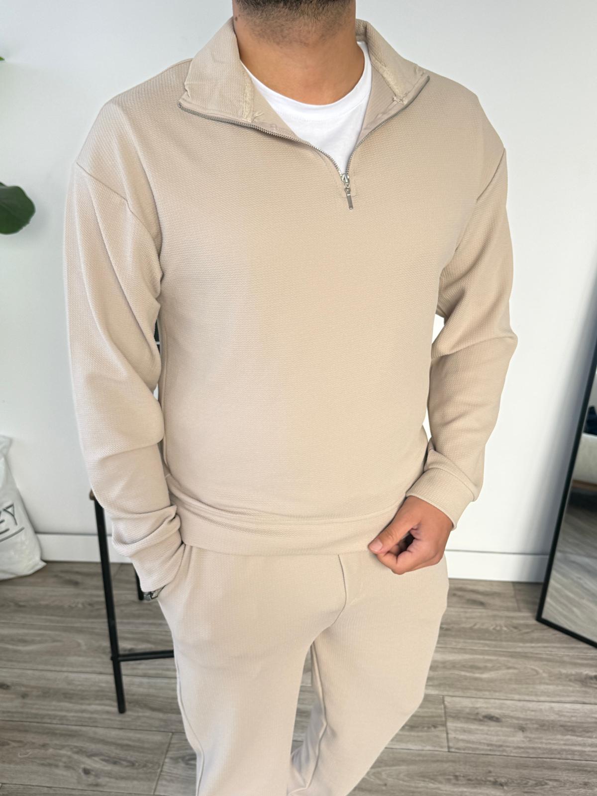 Petek Örme Alt Üst Yarım Fermuarlı Takım - Bej