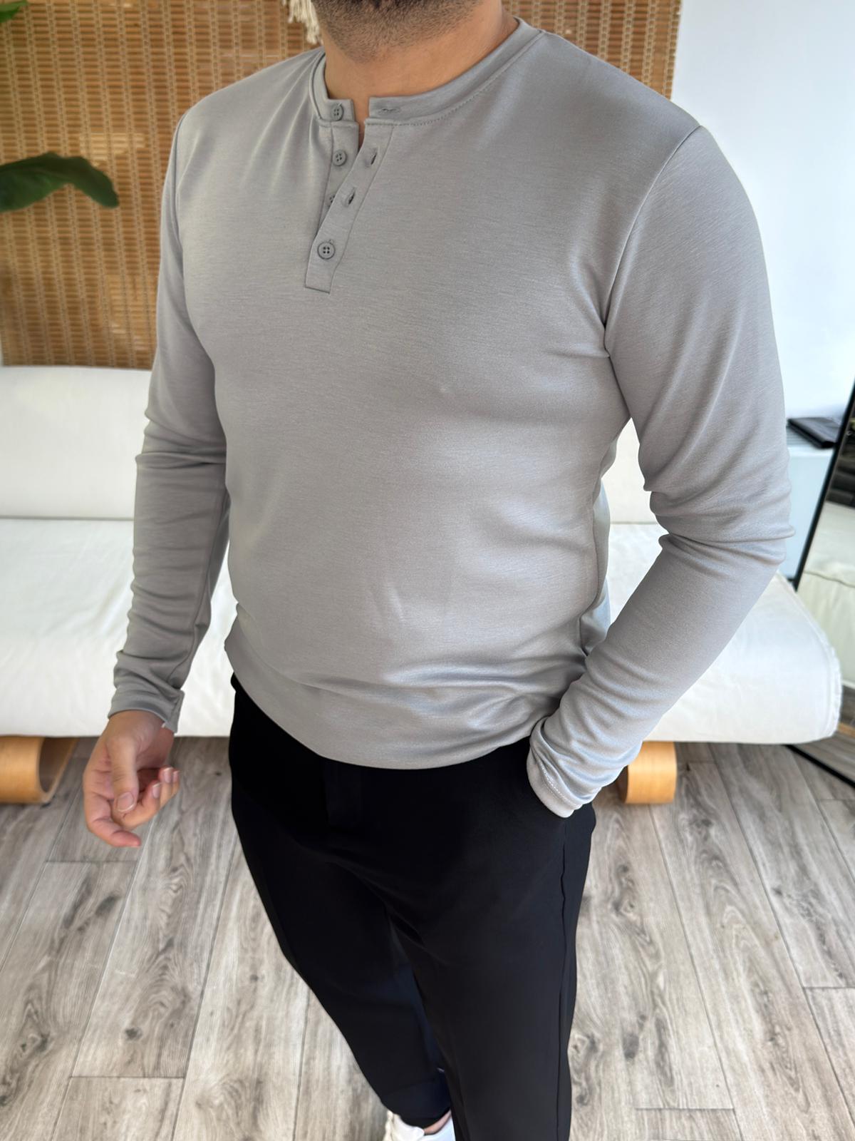 Modal Kumaş Premium Düğmeli Sweatshirt - Gri