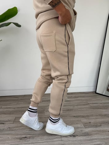 Kapüşonlu Kanguru Cepli Biyeli Alt Üst Takım - Bej
