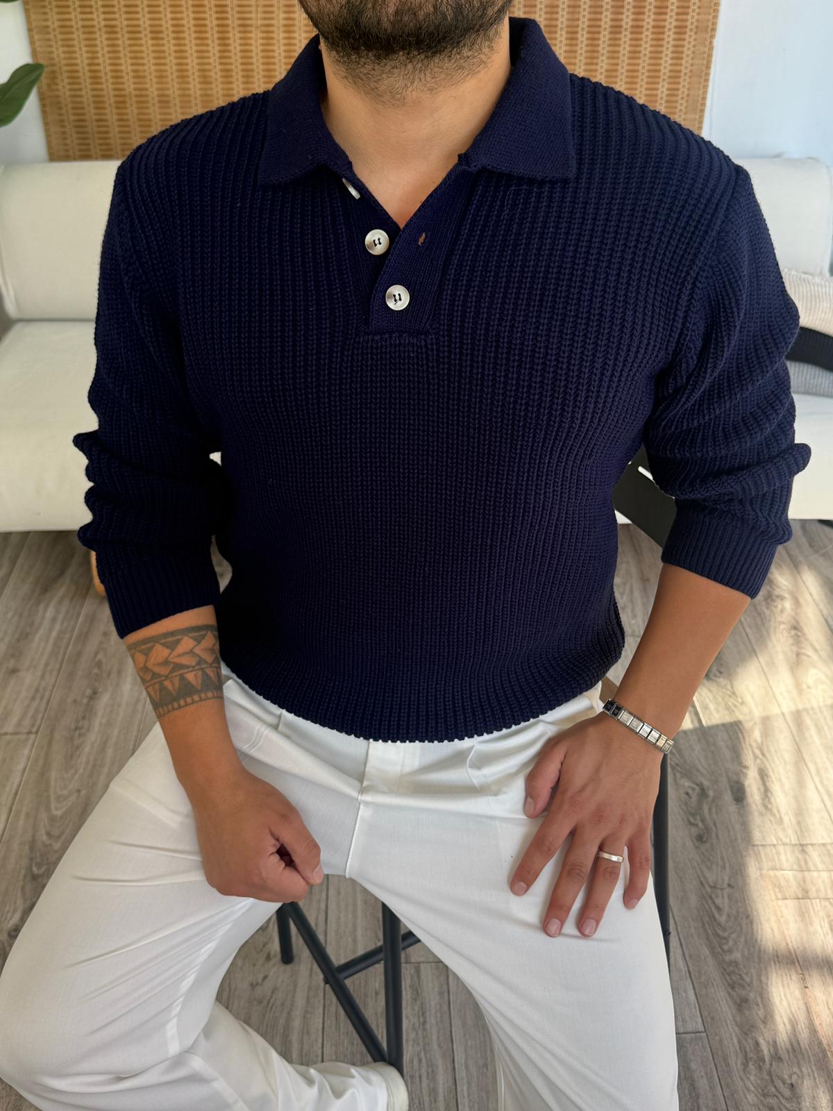 Düğme Kapama Kalın Triko Kazak - Lacivert