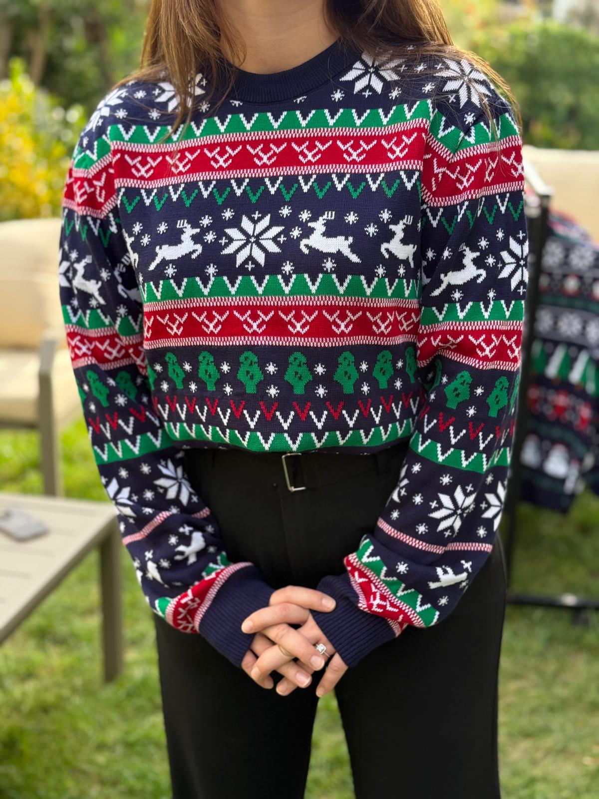 Yılbaşı Temalı Geyikli Triko Kazak  - Lacivert